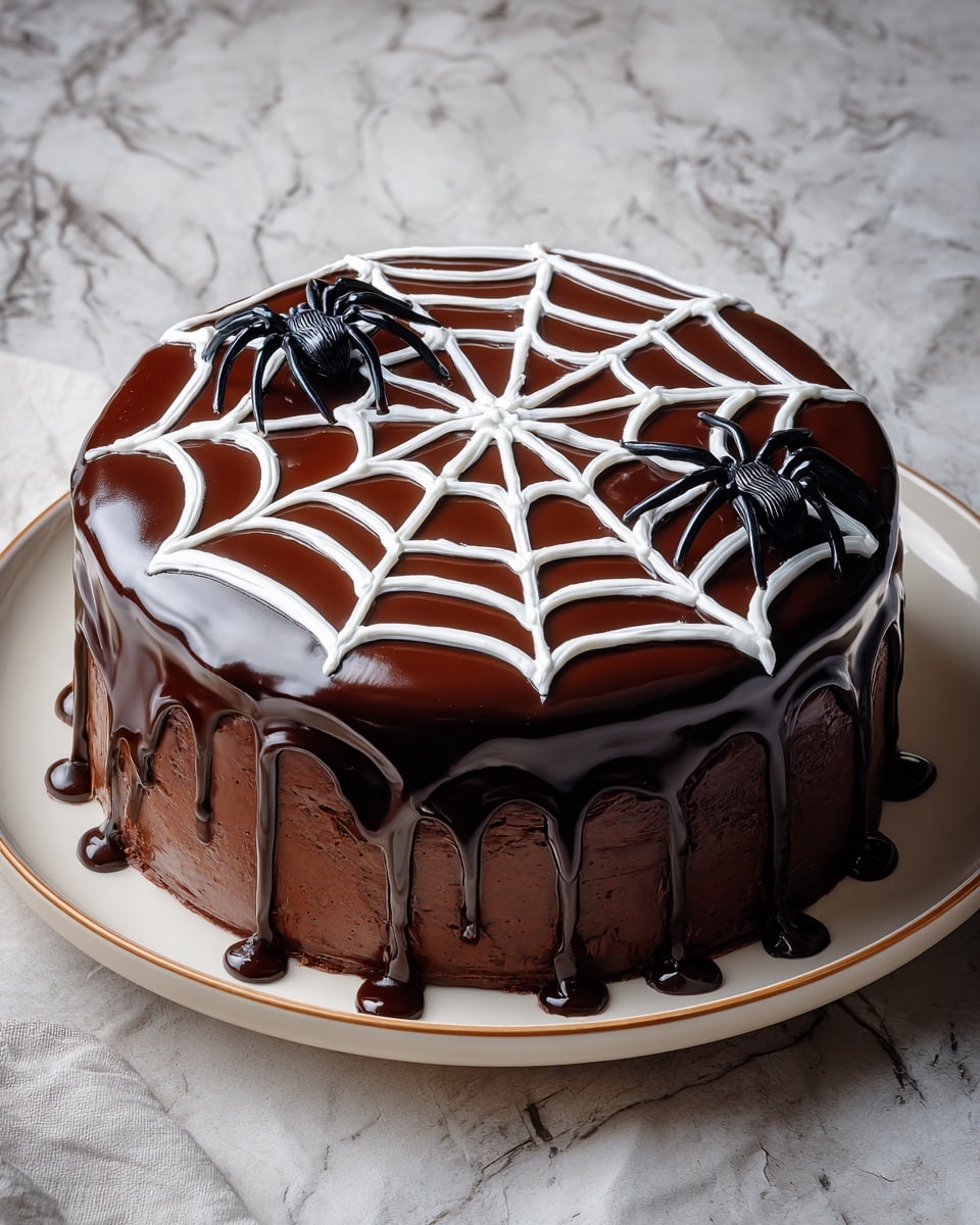 This is a two-layer round chocolate cake with a smooth, glossy dark brown chocolate glaze dripping down the sides. On top, there is a white spiderweb pattern made with concentric circles and lines radiating from the center. Two small black plastic spiders sit on the surface for decoration. The cake sits on a white plate with a soft beige rim, placed on a white marbled textured surface. photo taken with an iphone --ar 4:5 --v 7