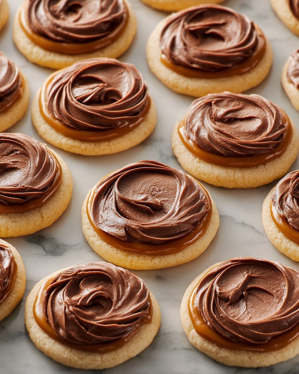 A flat layout of round cookies with two visible layers: the base layer is light beige and looks soft and smooth, while the top layer is swirled chocolate frosting with a shiny and creamy texture, sitting on a thin ring of caramel that shows a rich, amber color around the chocolate edges. The cookies are evenly spaced on a white marbled surface. photo taken with an iphone --ar 4:5 --v 7