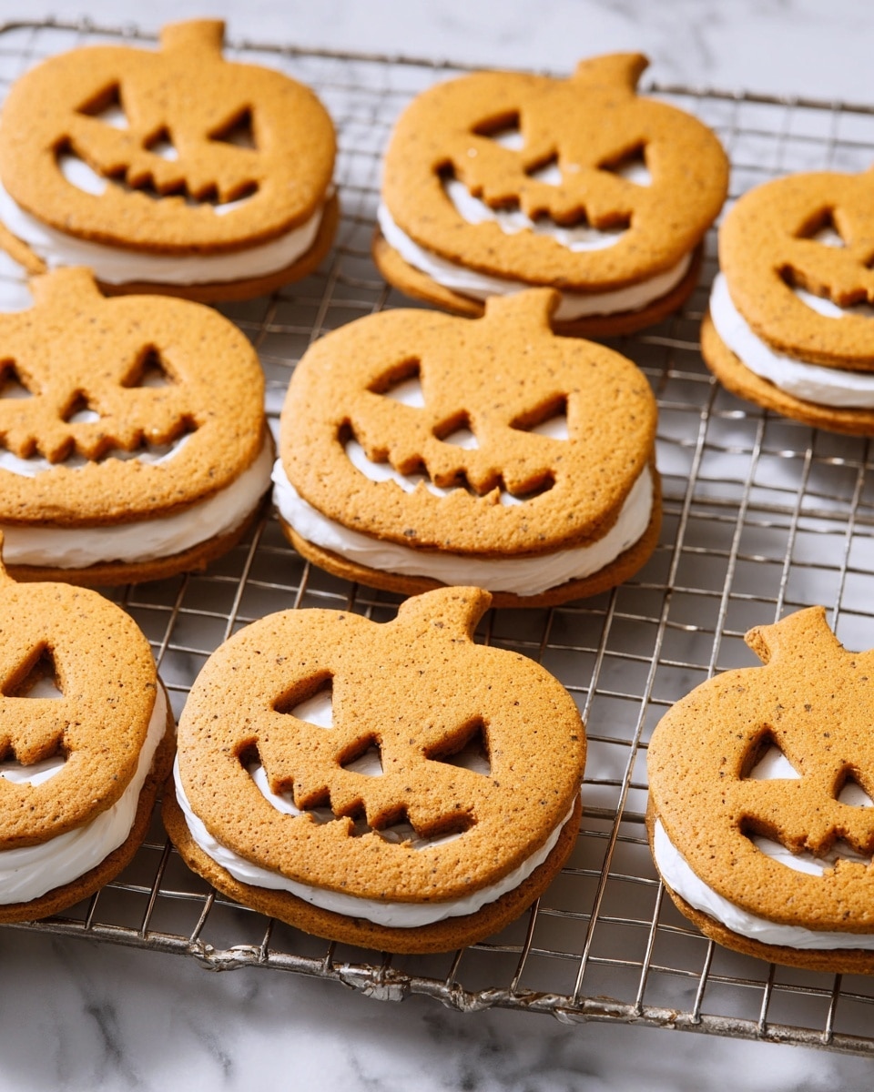 The image shows several pumpkin-shaped sandwich cookies placed on a metal cooling rack over a white marbled surface. Each cookie has two light brown pumpkin-shaped layers with a smooth, white filling in between them. The pumpkin top layer has cut-out shapes for eyes, nose, and mouth, revealing the white filling beneath. A woman's hand with a silver ring decorated with small gemstones is gently holding one cookie on the right side of the image. The cookies have a slightly speckled texture, giving them a homemade look. photo taken with an iphone --ar 4:5 --v 7