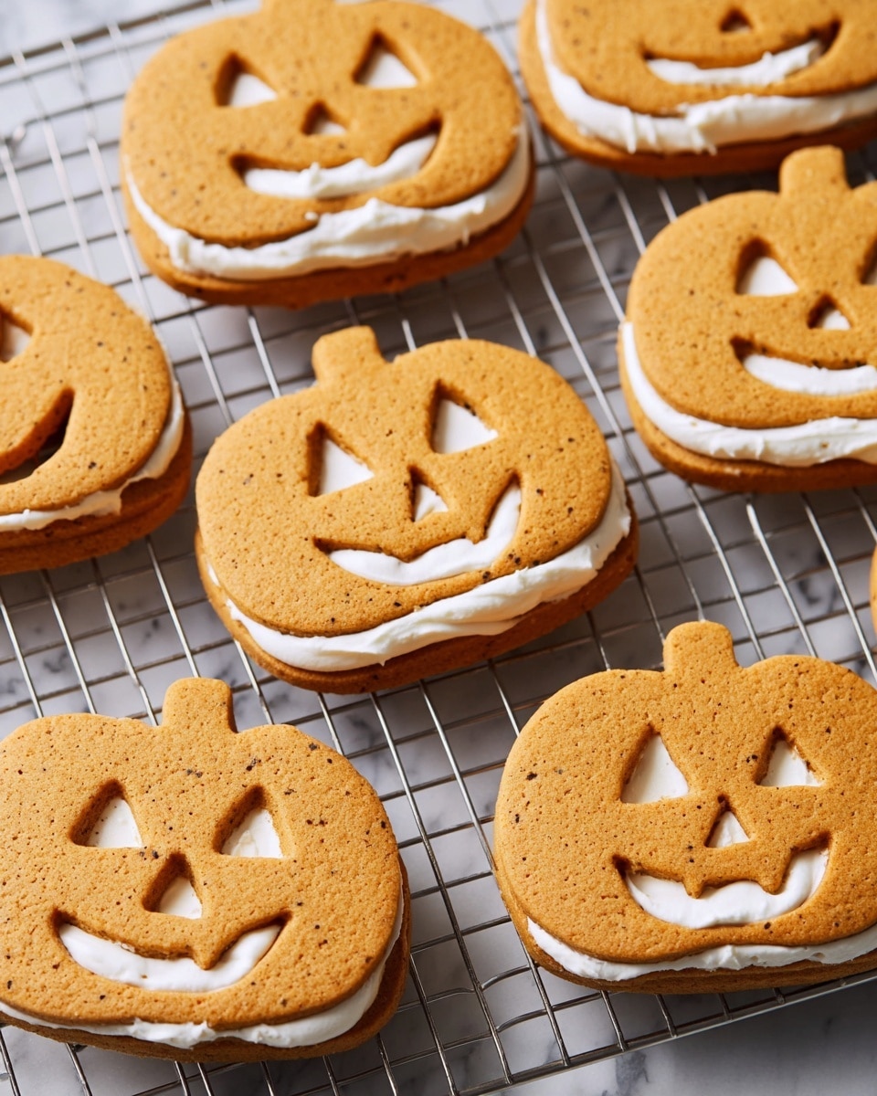 The image shows several pumpkin-shaped cookies with two layers each. The top and bottom layers are light brown with small dark specks, representing the pumpkin shape with carved eye and mouth holes. Between these layers is a thick layer of smooth white cream filling visible through the cutout eyes, nose, and mouth. The cookies are placed on a wire cooling rack over a white marbled surface. Photo taken with an iphone --ar 4:5 --v 7