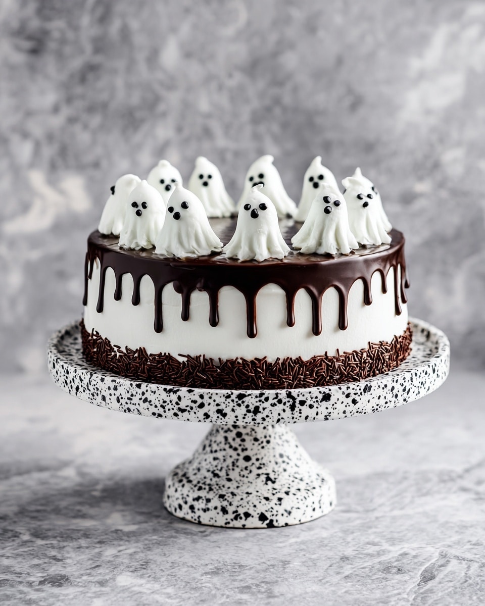 A round cake with a smooth white frosting base, topped with a layer of shiny dark chocolate dripping slightly down the sides. On top of the chocolate layer, there are small white whipped cream shapes arranged in rows, each decorated with tiny black dots to look like ghost faces. The cake is set on a white stand with black speckled patterns, placed against a white marbled surface. photo taken with an iphone --ar 4:5 --v 7