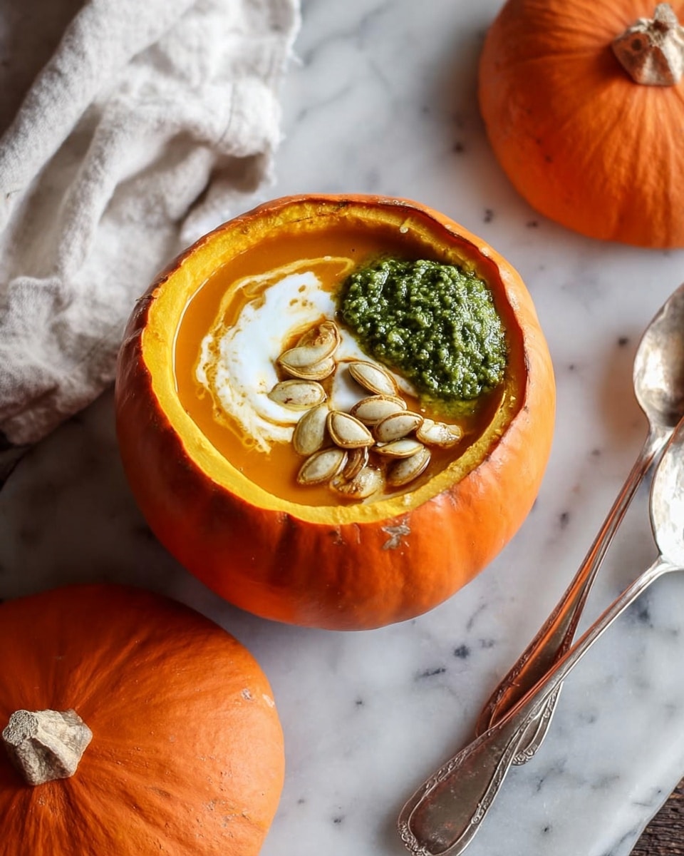 Four small pumpkins are hollowed out and used as bowls, each filled with smooth orange soup. On top of the soup in each pumpkin is a swirl of white cream, a small pile of green sauce, and some roasted pumpkin seeds. The pumpkins have their tops removed and placed slightly to the side. They sit on a wooden surface with a white cloth and silver spoons nearby. The photo has a warm and cozy feel. photo taken with an iphone --ar 4:5 --v 7