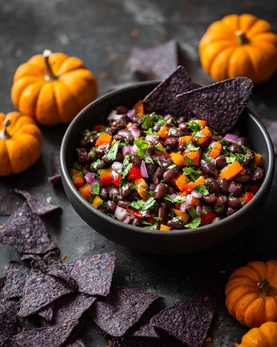 A black bowl with a textured circle pattern is full and piled high with a colorful black bean salad. The salad has shiny black beans mixed with small orange, red, and green diced vegetables, plus bits of purple onion and green herbs scattered throughout. A large purple chip stands upright in the salad, and more purple chips lie around the bowl on a dark surface. Two small bright orange pumpkins are blurred in the black background. The photo is taken on a white marbled textured surface. photo taken with an iphone --ar 4:5 --v 7