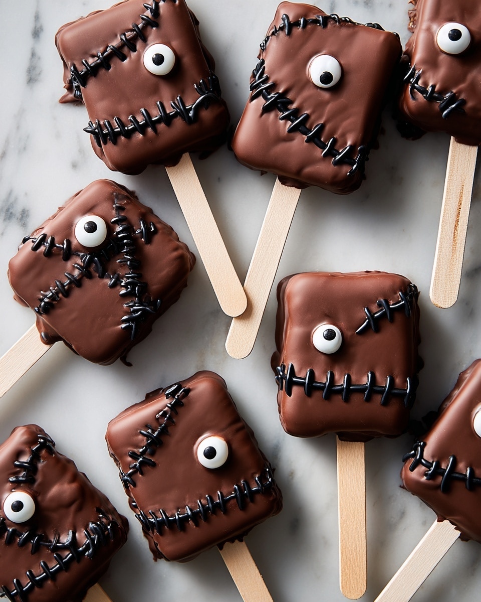Three square-shaped treats on wooden sticks rest on a white marbled surface. Each treat is coated with smooth milk chocolate and decorated with black icing lines that look like stitches going down the middle and sides, and an icing circle with a dot in the center that looks like an eye near the top right corner. One treat has a bite taken from the top left corner, showing a marshmallow inside that is white and fluffy. The wooden sticks are plain and light wood colored. photo taken with an iphone --ar 4:5 --v 7