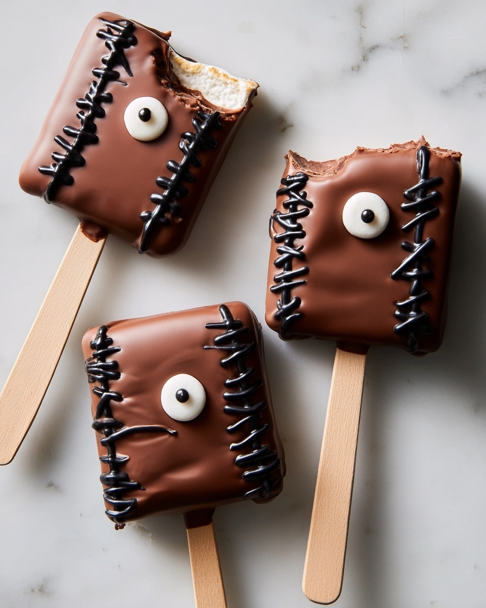 The image shows several square-shaped treats on wooden sticks scattered on a white marbled surface. Each treat is covered in smooth chocolate coating with an uneven, slightly wavy texture. On top, black icing is used to create stitched lines in the middle of each square and curvy lines at the edges, resembling stitches. Each treat has one round white candy eye with a smaller black center placed near the edge, giving them a spooky look. The sticks are plain and light wood color, with some showing slight marks or discoloration. photo taken with an iphone --ar 4:5 --v 7
