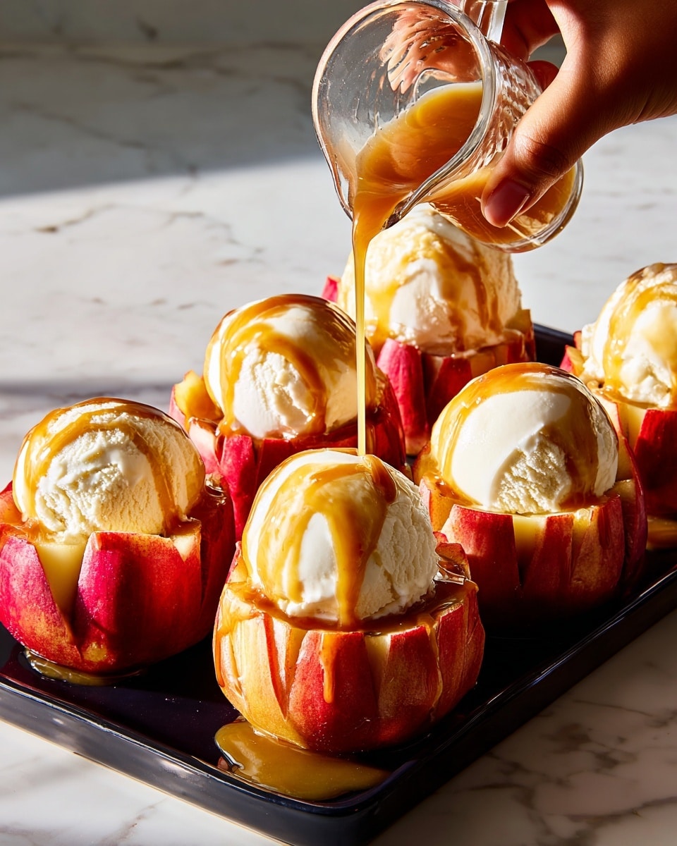 This image shows a black tray holding six baked red apple cups, each carved with thick petal-like slices standing upright around the edge. Inside each apple cup is a large round scoop of white vanilla ice cream with soft, creamy texture. A golden caramel sauce is being poured from a small clear glass jug by a woman’s hand over one ice cream scoop, drizzling down the ice cream and apple slices below. The tray rests on a white marbled surface, with warm light highlighting the rich red and yellow tones of the apples and the smooth, glossy caramel. photo taken with an iphone --ar 4:5 --v 7