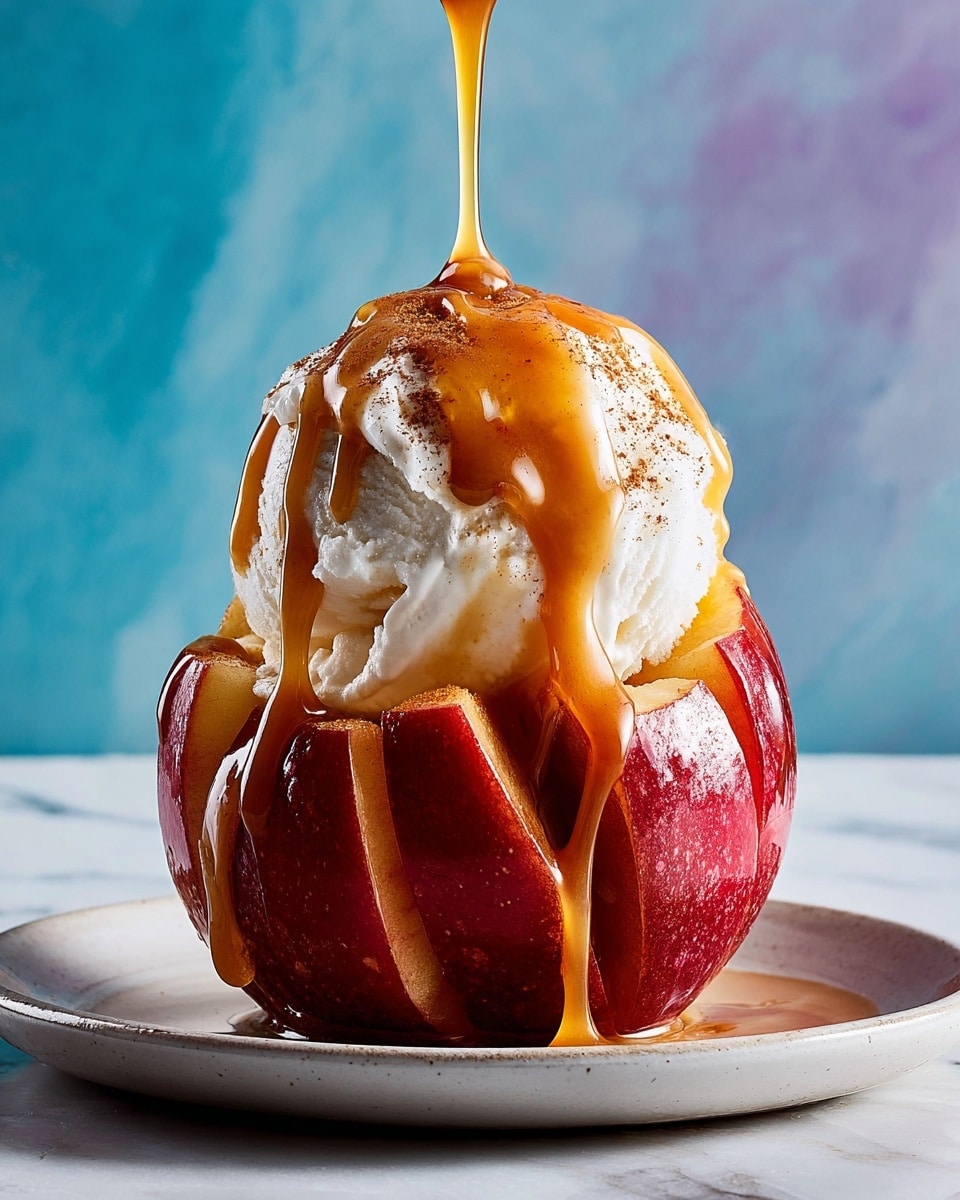 A thick red apple is sliced into wide sections but kept together at the base, sitting on a white plate. On top of the apple, there is a scoop of white vanilla ice cream with a creamy, smooth texture. Golden caramel sauce is poured over the ice cream and apple, dripping down in thick, shiny streams. The apple's skin looks firm and shiny, and the inside appears soft and sprinkled lightly with cinnamon. The background has a soft blue color with a smooth gradient, all placed on a white marbled surface. photo taken with an iphone --ar 4:5 --v 7
