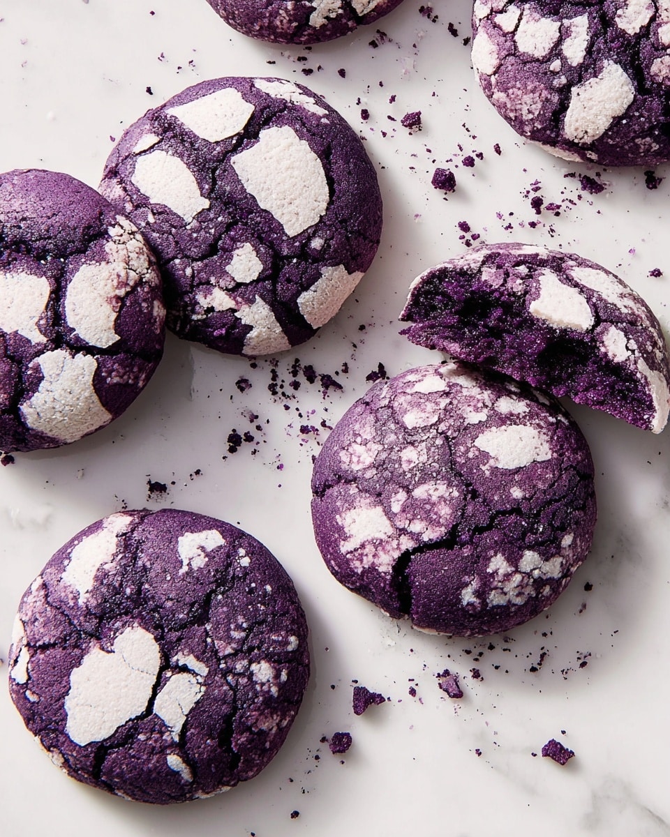 The image shows five round cookies with deep purple color and large cracked white patches on top, giving a cracked, textured look. Four whole cookies are visible, with one purple cookie broken in half, revealing a soft, dense purple inside. The cookies are placed directly on a white marbled surface scattered with small crumbs. The white cracks on top are uneven and powdery, each cookie having a unique pattern. photo taken with an iphone --ar 4:5 --v 7