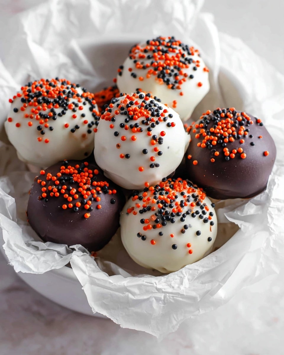The image shows small round treats made to look like pumpkins, each covered in smooth, bright orange coating. On top of each treat, there is a small brown stick placed vertically to represent the pumpkin's stem, and a green candy leaf attached next to the stick. The treats sit on a white marbled surface, and a few green candies and brown sticks are scattered around them. The overall look is neat and festive with a simple arrangement. photo taken with an iphone --ar 4:5 --v 7