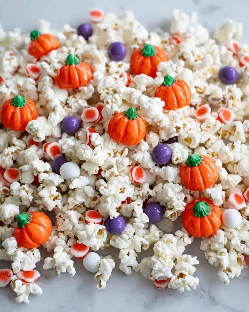 Halloween White Chocolate Popcorn with M&Ms and Candy Recipe