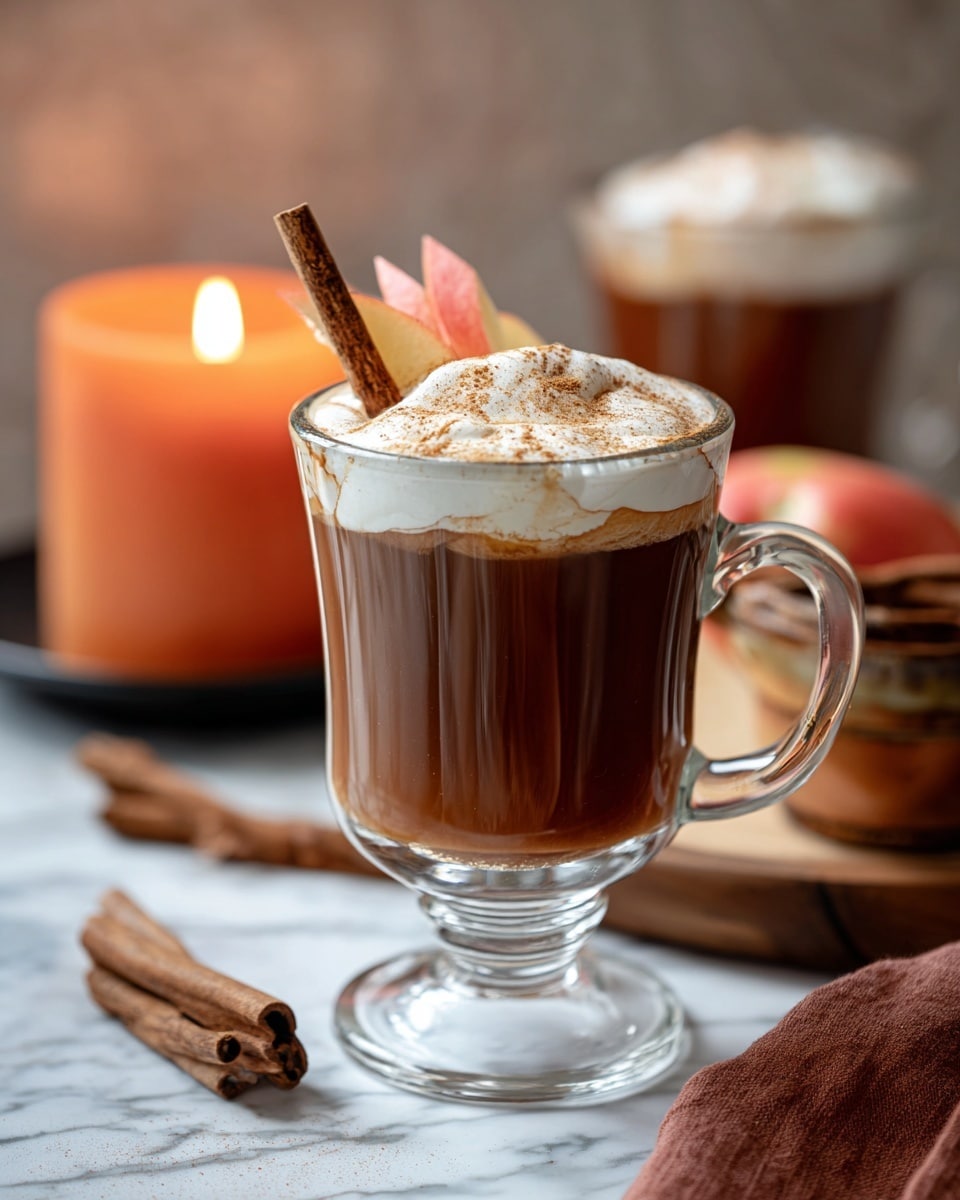 The image shows two clear glass mugs filled with a warm brown drink topped with a dollop of whipped cream that looks soft and creamy. Each mug has a cinnamon stick standing upright in the whipped cream for decoration. The mugs sit on a dark wooden table with a soft orange cloth loosely spread around them, adding a cozy feel. Behind the mugs, there is a glass jar filled with cinnamon sticks, and in the background, a warm lit candle glows softly next to a decorative item with a blue and orange pattern. The entire scene rests on a white marbled surface photo taken with an iphone --ar 4:5 --v 7