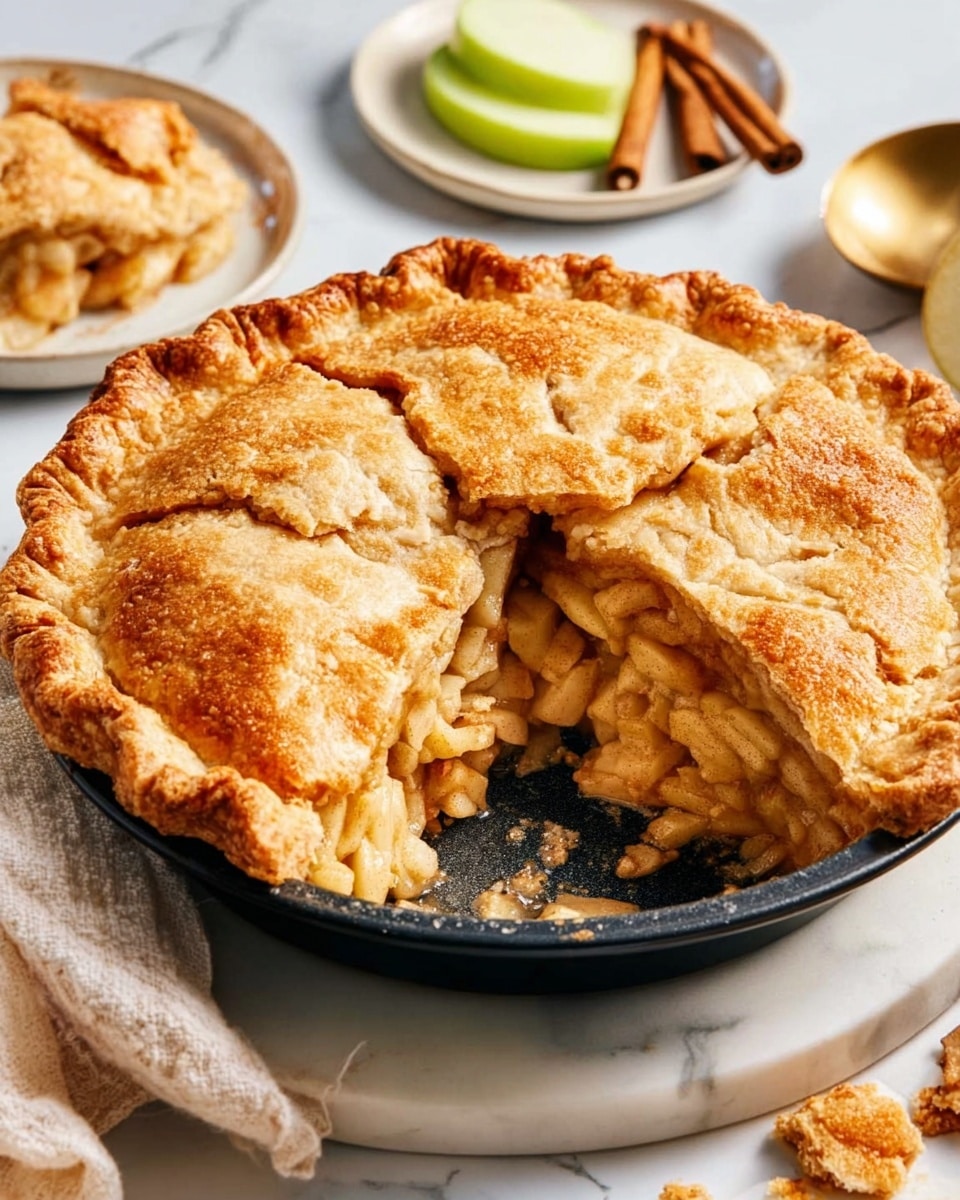 A close-up view of a round apple pie with a golden-brown, slightly flaky top crust, showing a large slice removed to reveal the soft, warm apple filling inside. The pie sits in a black pie pan on a white marbled surface. Around the pie, there are slices of green apple, cinnamon sticks, and a white plate with pieces of leftover crust or pie crust scraps, creating a cozy and inviting setting. The lighting highlights the pie's texture and warmth. Photo taken with an iphone --ar 4:5 --v 7