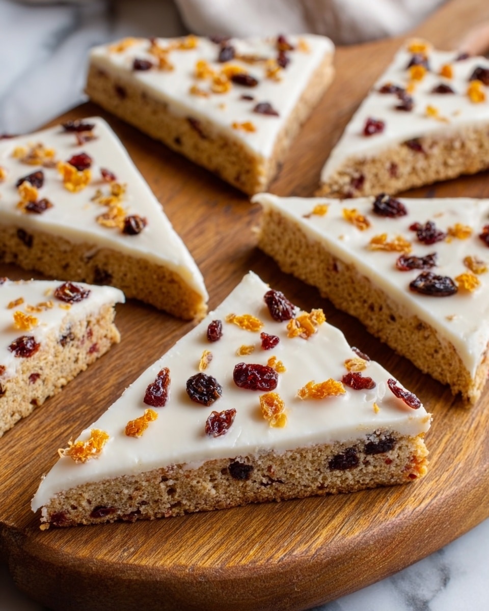 The image shows eight triangular pieces of white frosted scones arranged on a wooden board. Each scone has a smooth, creamy white layer of frosting on top, decorated with small red dried berries and tiny orange zest bits scattered evenly. The wooden board sits on a white marbled surface, with a small white bowl of orange zest on the left bottom corner and a white bowl filled with dried red berries on the upper right side. The setup has a soft pink cloth folded on the left side. photo taken with an iphone --ar 4:5 --v 7