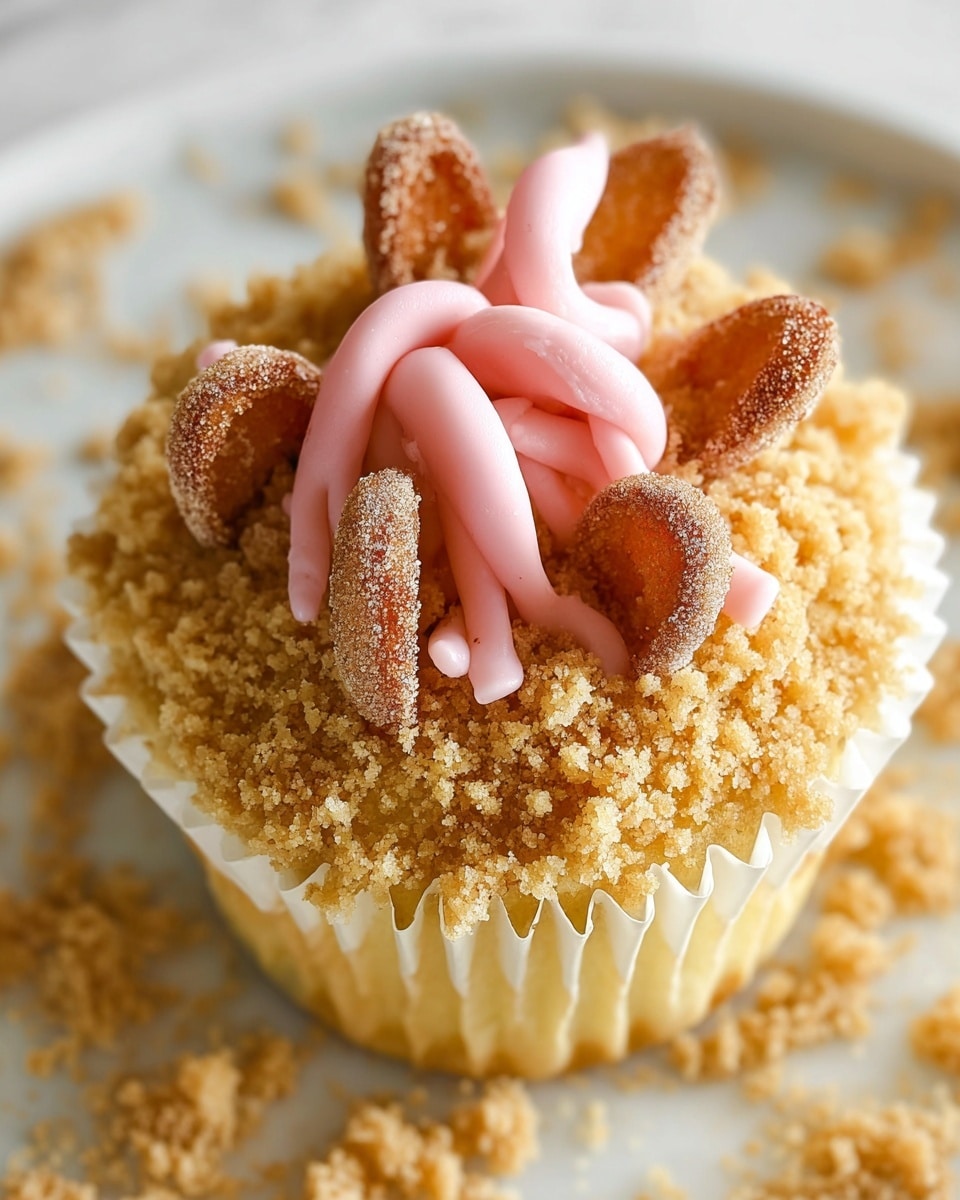 The image shows a close-up view of a vanilla cupcake with a light yellow cake base in a white paper liner. The cupcake is covered in a thick, crumbly layer of golden brown crumbs all over the frosting, giving it a rough texture. On top, there are several curled, smooth, light pink strips that stand upright in the center. Around these pink curls, crescent-shaped cinnamon sugar coated pieces decorate the cupcake, standing tall and arranged in a semi-circle. The cupcake sits on a white plate with a white marbled surface underneath it. Photo taken with an iphone --ar 4:5 --v 7