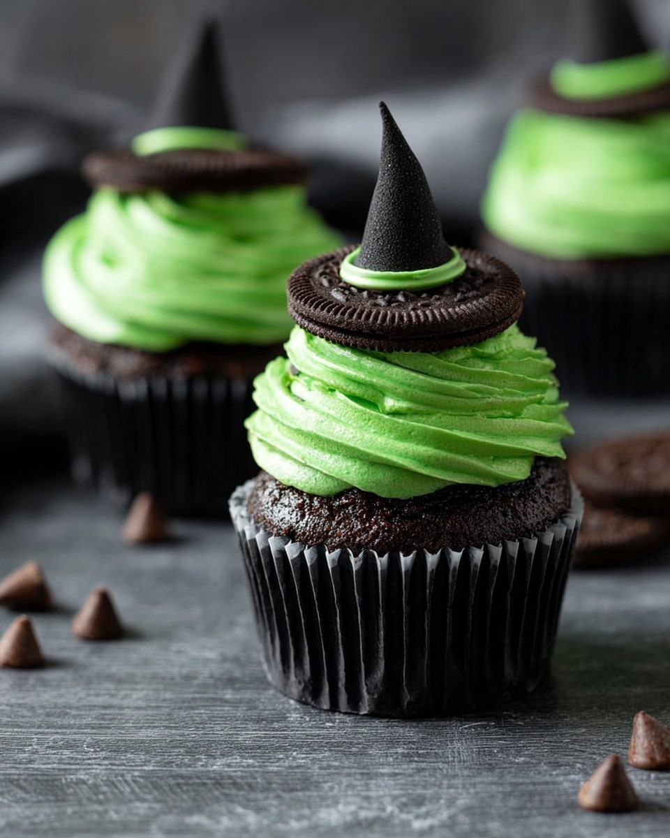 A dark black cupcake with a soft, moist texture forms the base layer, showing melted chocolate chips inside. On top, a thick, bright green swirl of creamy frosting is applied in a circular pattern. Sitting on the frosting is a whole dark cookie, and this cookie is topped with a pointed, small black witch hat decoration with a green ring at its base. The cupcake is in a white paper liner, placed on a white marbled surface. Photo taken with an iphone --ar 4:5 --v 7