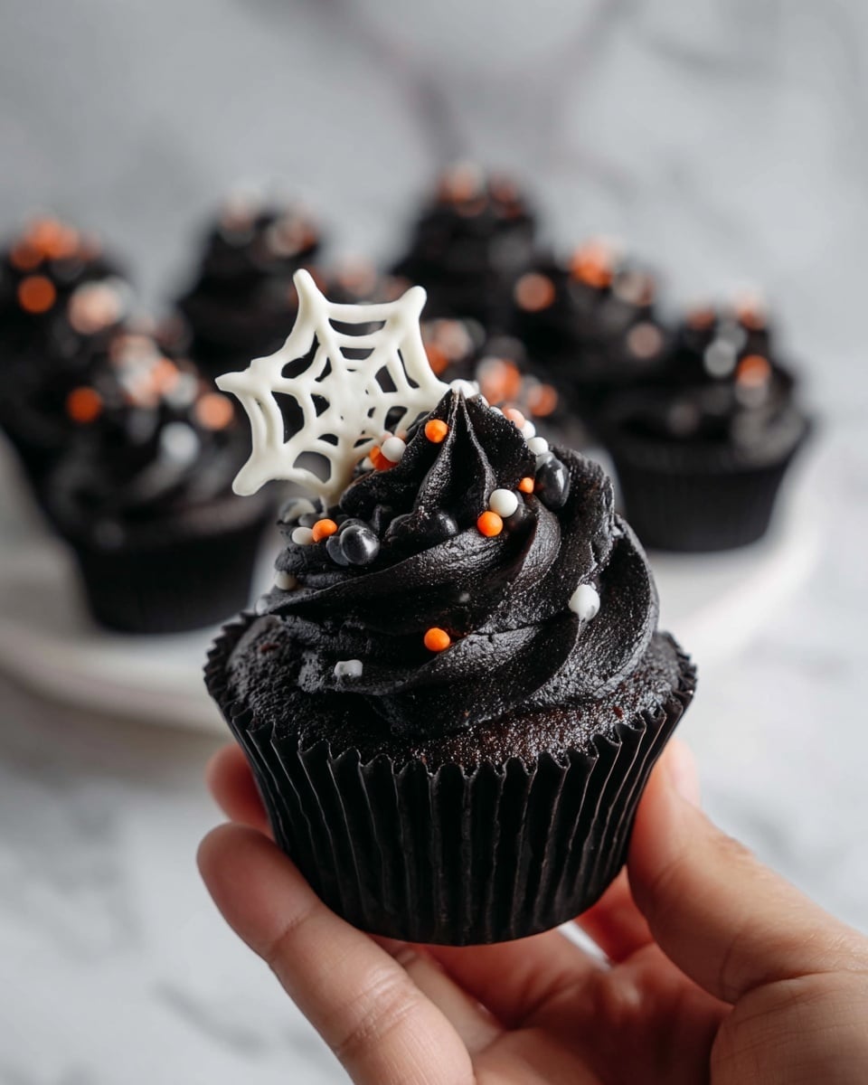 The image shows a group of six dark chocolate cupcakes arranged on white parchment paper on a white marbled surface. Each cupcake has two layers: a dark, rich chocolate base at the bottom and a thick, tall swirl of dark chocolate frosting on top. The frosting is decorated with small orange, white, and black sprinkles scattered over the top and around the base. The background is softly blurred, with some glasses and bowls partially visible. photo taken with an iphone --ar 4:5 --v 7