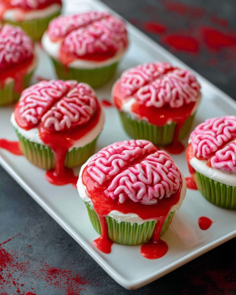 A cupcake with pink frosting shaped like a brain sits centered on a round white plate. The frosting has two halves, with textured lines mimicking brain folds. Bright red syrup is splattered around and partially on the cupcake, creating a vivid contrast with the white plate. In the background, there is a white tray holding similar cupcakes, and a white and gray striped cloth is partly visible on the right. Two whole strawberries are positioned near the plate on a dark countertop with a white marbled texture. Photo taken with an iphone --ar 4:5 --v 7