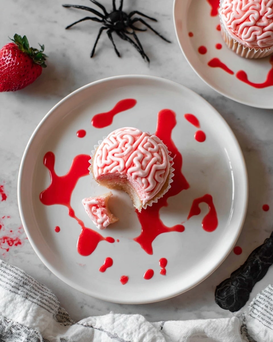 A white rectangular plate holds six cupcakes decorated to look like brains. Each cupcake has a green wrapper and a white frosting base on top. Over the white frosting, there is a thick layer of bright red icing spread unevenly with some dripping off the sides. On top of the red layer, pink icing is piped in squiggly, vein-like lines covering the entire frosting, divided in the middle by a single straight line to mimic brain folds. The plate is set on a dark surface with drops of red icing scattered around. Photo taken with an iphone --ar 4:5 --v 7