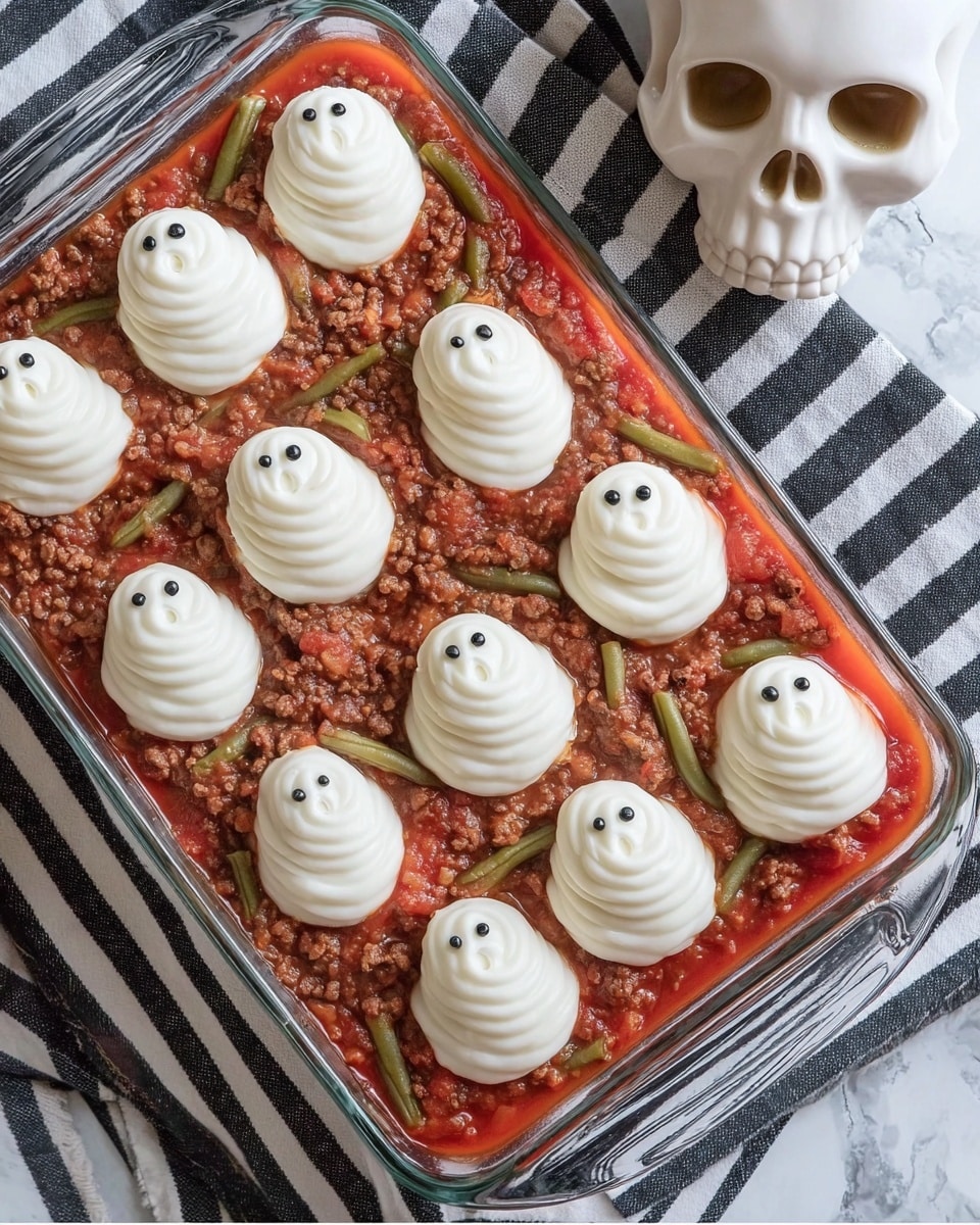 A clear rectangular glass baking dish is filled with a red tomato sauce base containing small pieces of meat and vegetables, creating a chunky texture. On top of the sauce, there are six white mashed potato swirls arranged in two rows, each shaped like a small ghost with two tiny black eyes made from seeds or spices. The dish sits on a white marbled surface with a black-and-white striped cloth partially visible in the corner, and a woman's hand is about to touch the dish. Photo taken with an iphone --ar 4:5 --v 7