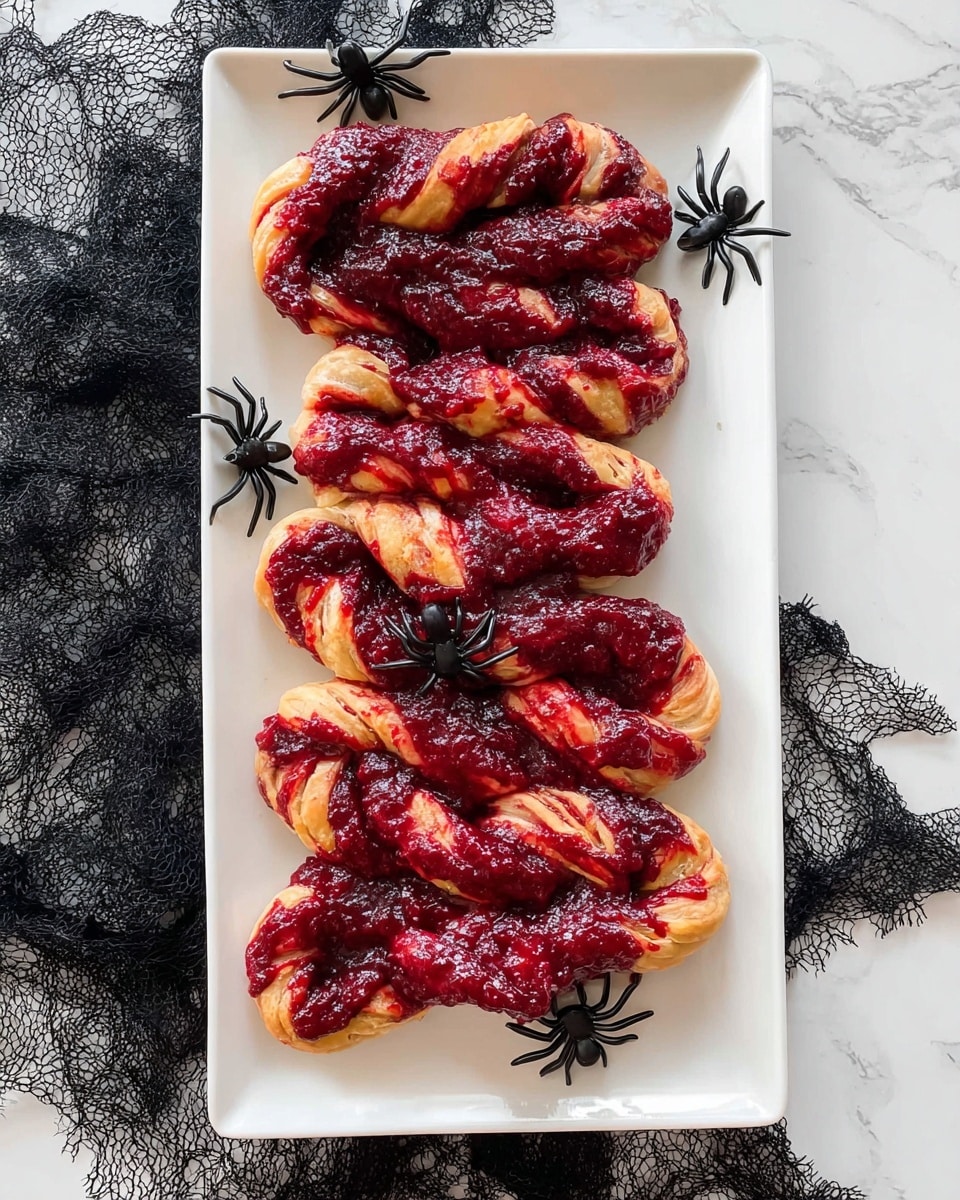 A white rectangular plate holds a collection of soft golden brown rolls topped with a thick, deep red berry sauce that covers most of the surface in an uneven, textured layer. The sauce is rich and slightly glossy with bits of fruit visible, giving it a chunky look. On top of the rolls, there is a large black plastic spider decoration with long, thin legs stretching outward. The plate sits on a white marbled surface with some black tangled decorations near it. Photo taken with an iphone --ar 4:5 --v 7