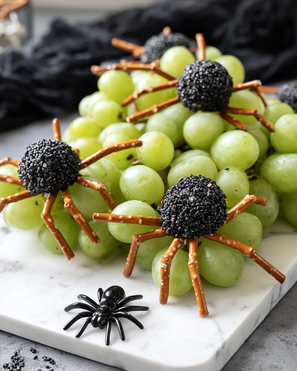 The image shows a white marble board topped with green grapes clustered in the middle. On top of the grapes, there are three spider-shaped treats made from small balls covered in black seeds, each with thin pretzel sticks stuck into the sides to make eight legs. A small black plastic spider is placed near the bottom center of the board, enhancing the spider theme. The background is a white marble texture with a soft, dark blurred area behind the board. photo taken with an iphone --ar 4:5 --v 7