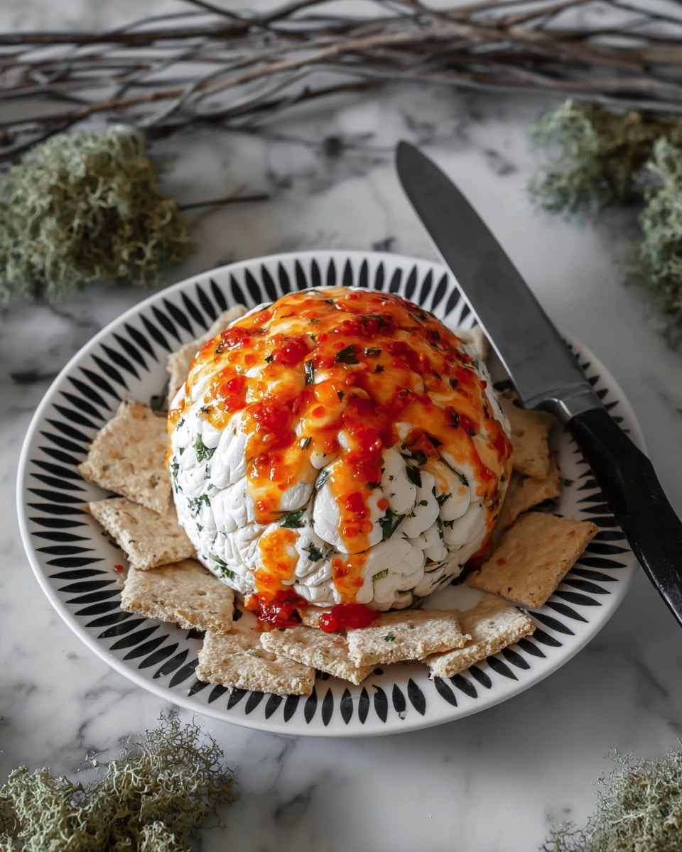 A white, soft cheese dome with visible small herbs inside is placed in the center of a white plate with a black and white geometric pattern. The cheese dome is topped with a thick layer of translucent orange jelly-like sauce containing bright red chili pieces, dripping down the sides. A knife blade presses into the top of the cheese, partially embedded in the jelly layer. Around the plate, there are beige crackers scattered. The plate sits on a white marbled surface. Photo taken with an iphone --ar 4:5 --v 7