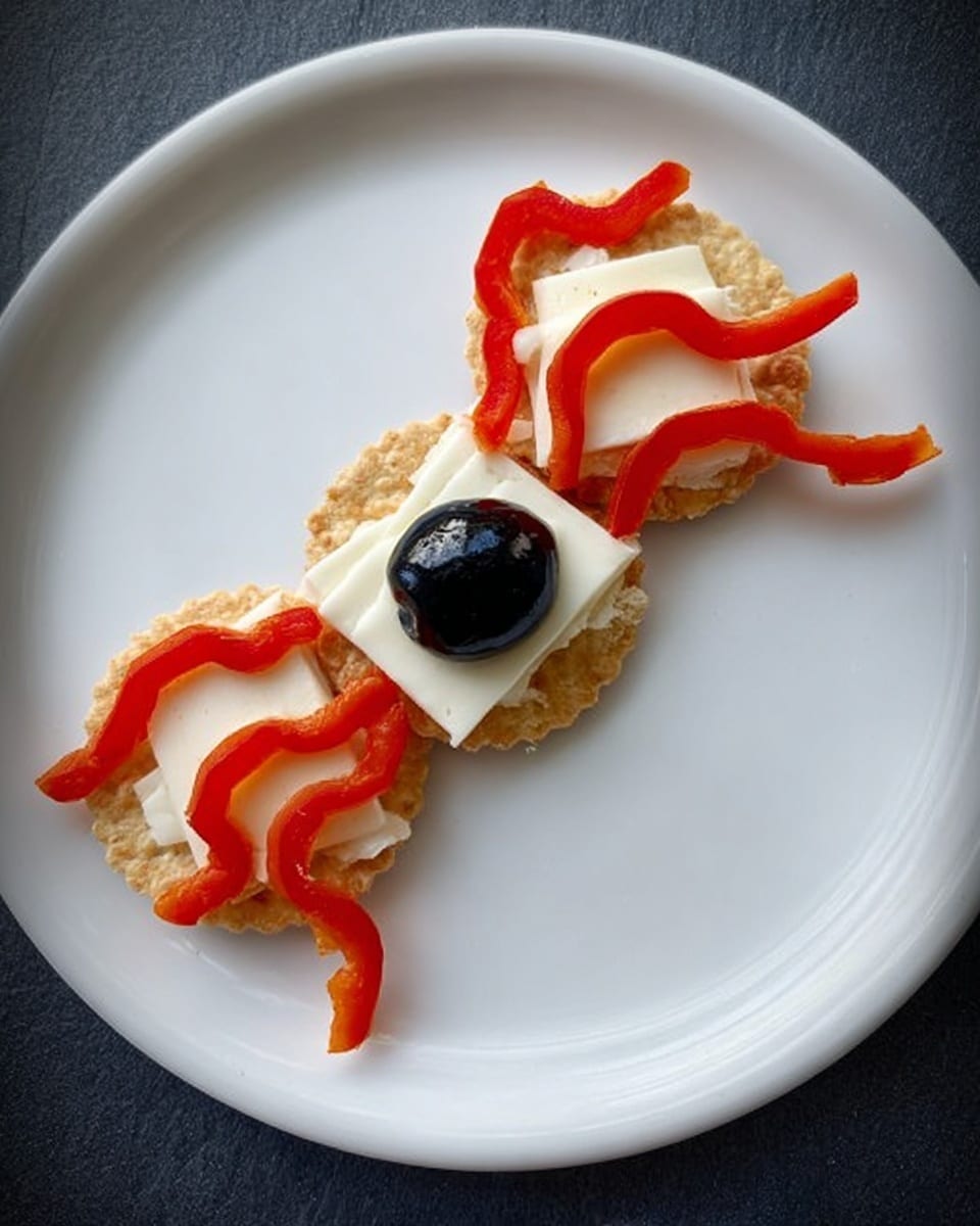 The image shows small round crackers as the base layer with a light golden toasted texture. On top of each cracker, there is a smooth white layer of cheese, cut into small rectangular shapes. Over the cheese, there are thin, wavy strips of bright red bell pepper arranged to look like spider legs. A shiny black olive half is placed in the center, resembling a spider body. The snacks are placed on a dark slate surface, but the background is changed to a white marbled texture. photo taken with an iphone --ar 4:5 --v 7