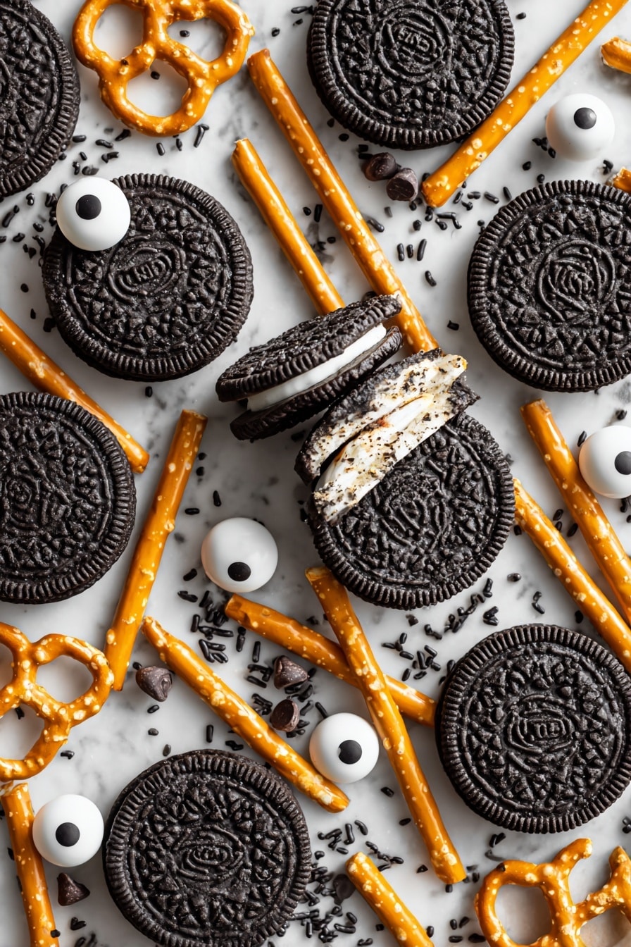 Flat lay of shiny black and white Oreo cookies with creamy filling exposed, golden-brown broken pretzel rods scattered like spider legs, glossy dark chocolate chips in small piles, tiny black chocolate sprinkles sprinkled lightly, and bright white candy eyes with black pupils, all arranged naturally with some overlapping and varied angles, showcasing smooth, crunchy, and soft textures, placed on white marbled surface, photo taken with an iphone --ar 2:3 --v 7 - Oreo Cookie Spiders, Halloween dessert ideas, fun kid-friendly snacks, easy Halloween treats, spooky party desserts