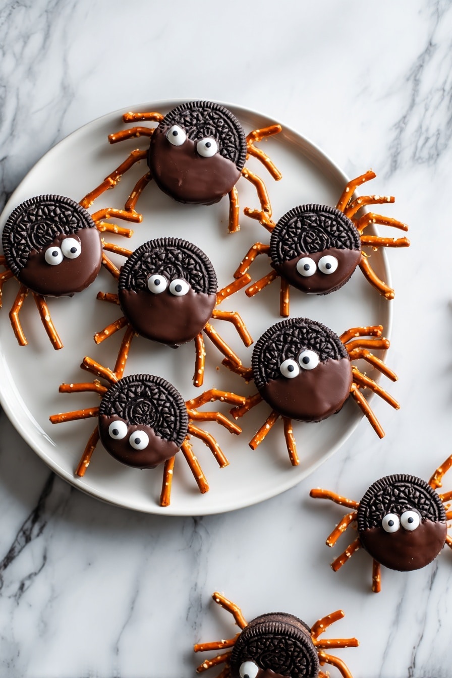 The image shows small spider-shaped treats made from black sandwich cookies as the body, with white cream filling visible in the middle. Each cookie is topped with a layer of shiny dark brown chocolate and sprinkled with chocolate sprinkles to create a textured look on the upper side. Two round candy eyes with white and black colors are placed near the front of the cookie to form the spider's eyes. Around each cookie, thin, light brown pretzel sticks are arranged in sets of four on each side to form the spider legs. The treats are placed on a smooth white marbled textured oval plate. The photo taken with an iphone --ar 2:3 --v 7 - Oreo Cookie Spiders, Halloween dessert ideas, fun kid-friendly snacks, easy Halloween treats, spooky party desserts