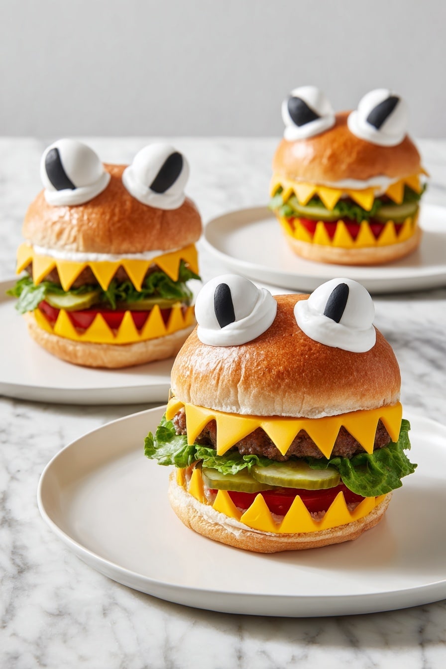 Three playful burgers sit on white plates over a white marbled surface. Each burger has a glossy, golden brown bun top with two dollops of white cream topped with black olives, resembling eyes. Beneath the top bun, jagged yellow cheese slices form a spiky mouth around a green pickle slice that sticks out like a tongue. Inside the burger, you can see a layer of fresh green lettuce and a hint of red tomato, with the brown burger patty beneath. The arrangement and colors give the burgers a fun, monster-like face appearance. Photo taken with an iphone --ar 2:3 --v 7 - Monster Face Burgers, fun burger ideas, kids-friendly burger recipes, creative burger toppings, themed burger recipes