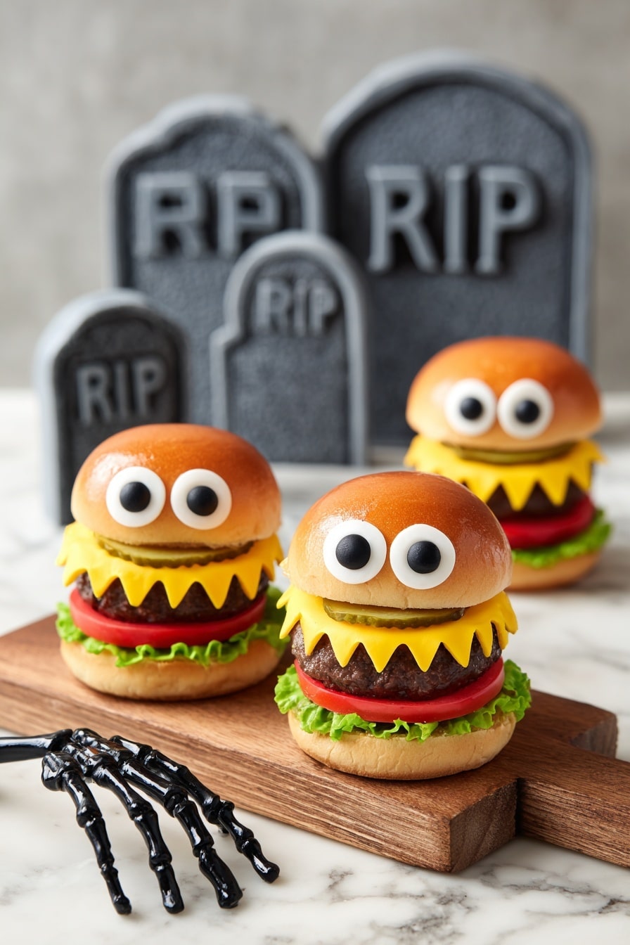 Three small burgers are placed on a wooden board with a white marbled surface underneath. Each burger has a shiny, light brown bun top decorated with two white cream dollops topped with black olive halves, creating eyes. Below the bun is a layer of sharp yellow cheese cut into zigzag shapes resembling teeth, with a round green pickle sticking out like a tongue. There is also a green lettuce leaf under the cheese, a dark brown burger patty, and a thin red slice of tomato. In the background, there are gray tombstone decorations with black