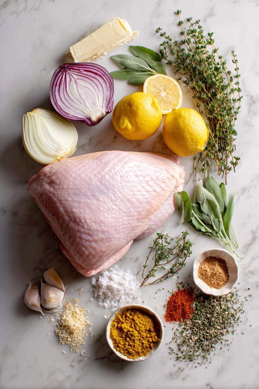 Flat lay of a fresh boneless turkey breast with smooth pale pink skin, surrounded by half a sliced sweet onion with crisp white and purple layers, bright yellow lemon slices with juicy texture, a handful of fresh green poultry herbs including thyme, rosemary, and sage with delicate leaves, a small mound of soft unsalted butter with creamy pale yellow color, piles of garlic powder and smoked paprika with warm beige and deep red powdery textures, and sprigs of dried thyme with tiny muted green leaves, all beautifully arranged in a natural, slightly scattered manner placed on white marbled surface, photo taken with an iphone --ar 2:3 --v 7 - Butter and Herb Turkey Breast Roast, turkey breast roast with easy pan gravy, how to cook turkey breast, juicy turkey roast recipes, simple holiday turkey ideas