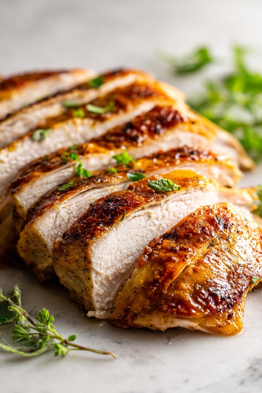 A white round plate holds a nicely cooked chicken dish with several pieces arranged in a neat layer. On the right side, there are eight slices of chicken with golden brown edges and white, tender inside, fanned out from bottom right to the middle. On the upper left, two larger chicken pieces with a darker, browned skin sit next to each other. Fresh green herbs, including sprigs of rosemary, thyme, and sage, are placed around the chicken, adding contrast to the warm tones. The plate sits on a white marbled surface with a light towel draped in the top left corner. Photo taken with an iphone --ar 2:3 --v 7 - Butter and Herb Turkey Breast Roast, turkey breast roast with easy pan gravy, how to cook turkey breast, juicy turkey roast recipes, simple holiday turkey ideas