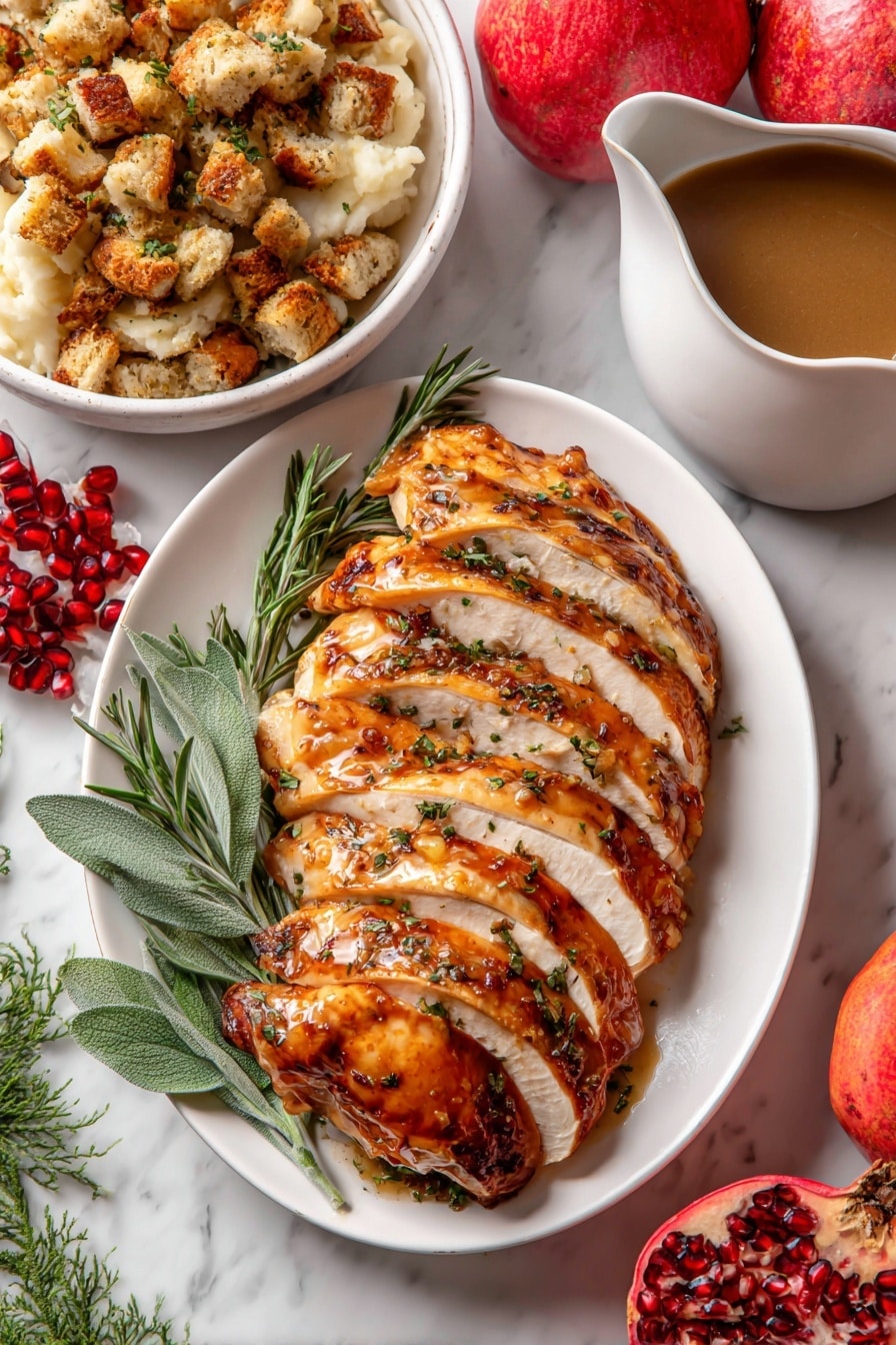 A white plate holds several thick slices of golden brown roasted turkey arranged in a slight fan shape, with a few slices overlapping each other. The turkey has a shiny glaze on top, and there are fresh green herbs, including rosemary and sage, placed around and partly under the slices. Nearby is a bowl filled with chunky, toasted bread stuffing in light brown and golden colors. In the background, a white bowl contains creamy mashed potatoes topped with small cubes of butter and a sprinkle of herbs. A white jug filled with brown gravy sits near the upper right corner of the plate. Surrounding the dishes are bright red pomegranates and a bit of greenery on a smooth white marbled surface. Photo taken with an iphone --ar 2:3 --v 7 - Butter and Herb Turkey Breast Roast, turkey breast roast with easy pan gravy, how to cook turkey breast, juicy turkey roast recipes, simple holiday turkey ideas