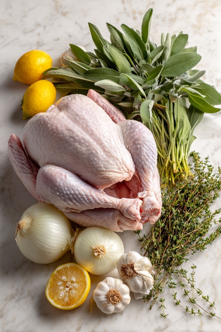 Flat lay of a whole raw turkey with glossy, pale pink skin, surrounded by two halved white onions with crisp layers, bright yellow lemon slices showing juicy, textured flesh, a whole garlic bulb with creamy white cloves and a sliced-off top, a lush bunch of fresh green herbs including sage leaves with soft, velvety texture, sprigs of rosemary with needle-like deep green leaves, and thyme with tiny rounded leaves, all neatly arranged in an inviting and natural way, placed on white marbled surface, photo taken with an iphone --ar 2:3 --v 7 - The Best Grilled Turkey, grilled turkey recipe, juicy grilled turkey, smoky grilled turkey, holiday grilled turkey
