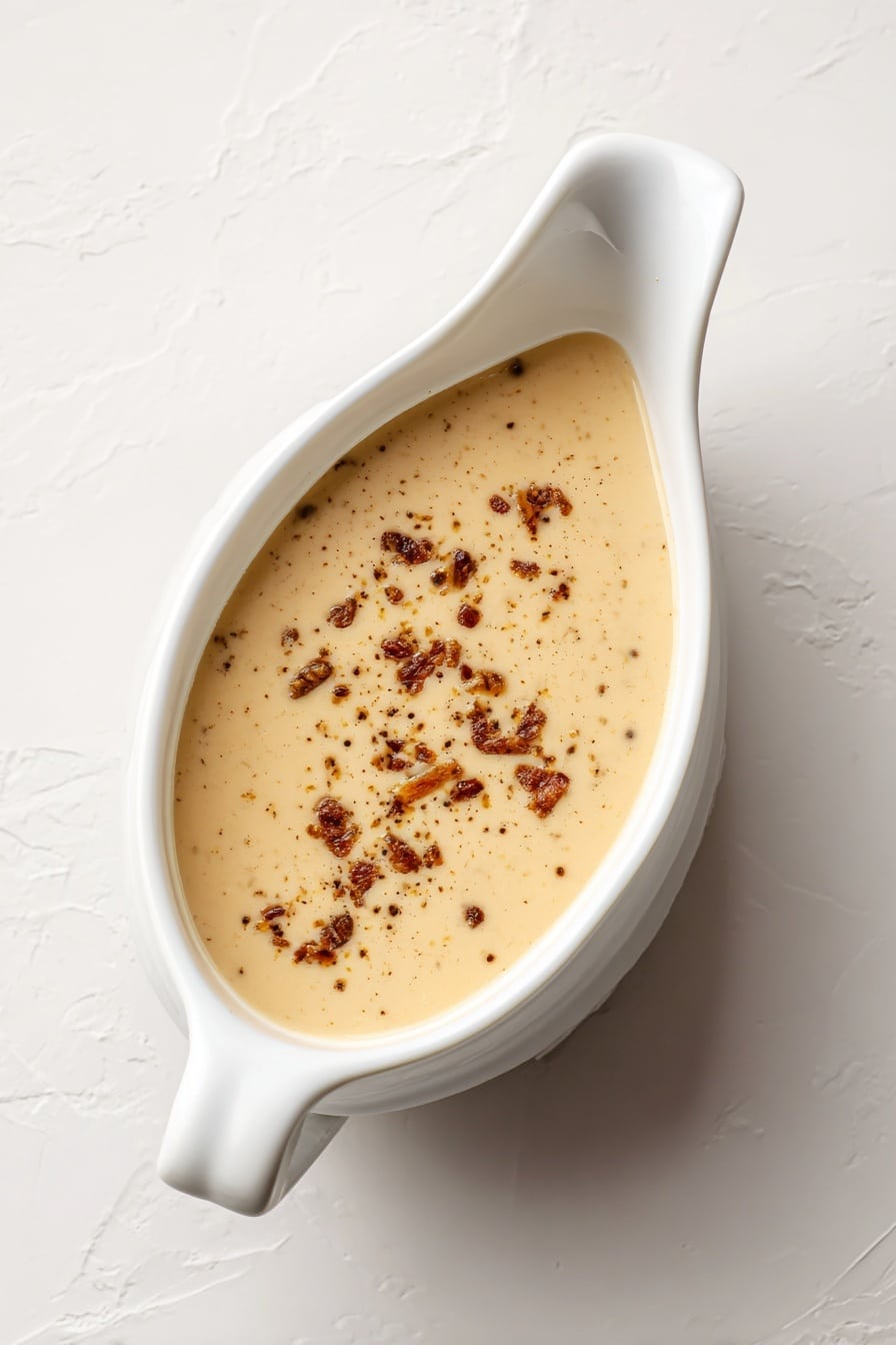 A black bowl filled with creamy mashed potatoes shaped with a thick ring around the edge, smooth and fluffy in texture, topped with finely chopped green chives evenly scattered on the potatoes. Inside the ring is a pool of light brown gravy with small bits of mushroom and onion visible, creating a contrast with the white mashed potatoes. The bowl sits on a white marbled textured surface, next to a wooden spoon and part of a larger white bowl with more gravy in the background. photo taken with an iphone --ar 2:3 --v 7 - Caramelized Shallot Bacon Gravy, savory gravy with bacon and shallots, homemade gravy recipe, rich bacon and shallot sauce, flavorful holiday gravy