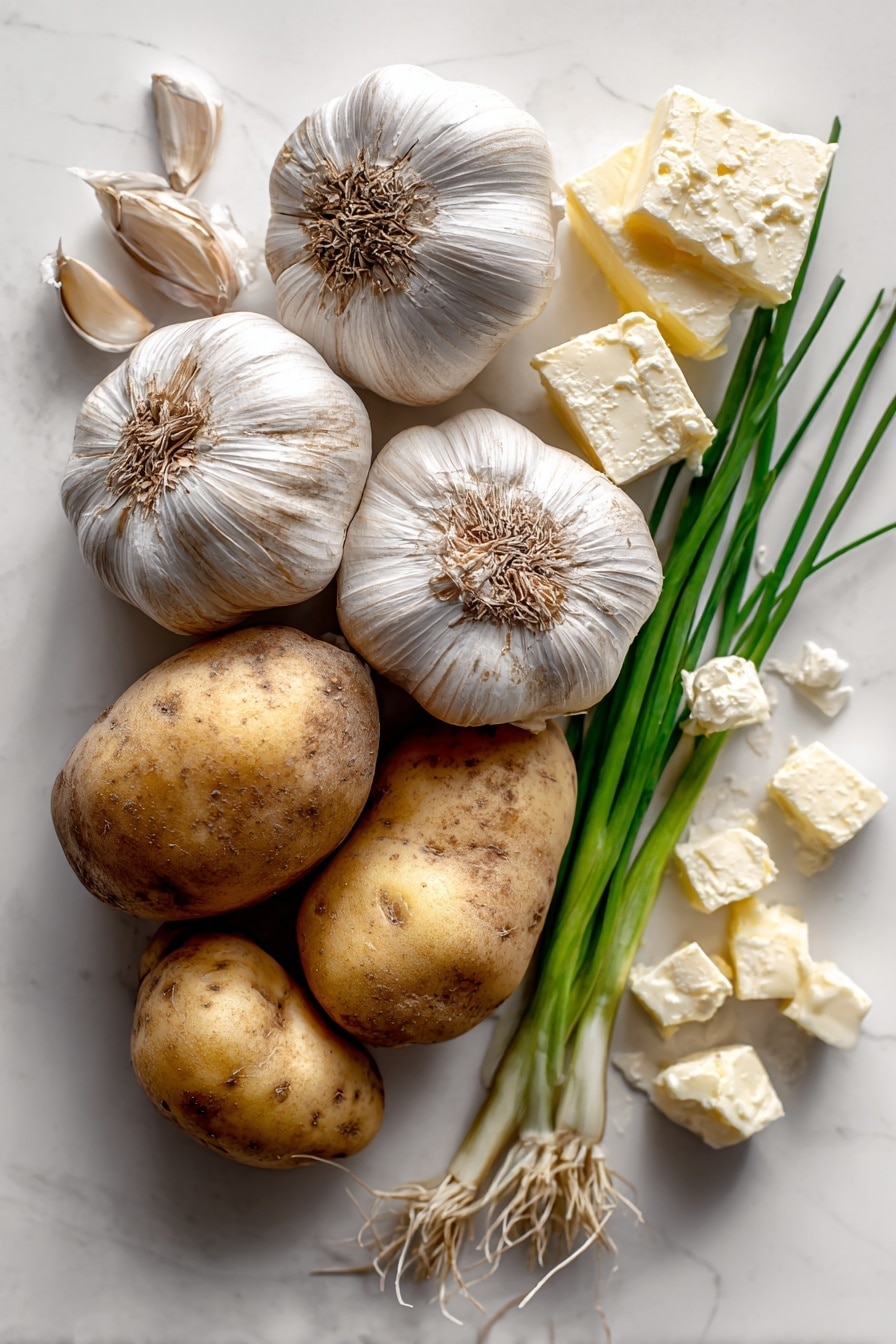 Flat lay of three whole garlic bulbs with papery skins partially peeled, a handful of creamy white goat cheese chunks with crumbly texture, several peeled russet potatoes showing their smooth pale yellow flesh, a few bright green freshly snipped chive sprigs scattered delicately, and a small pat of rich golden butter with soft edges, all arranged naturally with soft shadows and warm lighting, placed on white marbled surface, photo taken with an iphone --ar 2:3 --v 7 - Garlic Goat Cheese Mashed Potatoes, roasted garlic mashed potatoes, creamy goat cheese mashed potatoes, easy mashed potato recipes, gourmet mashed potatoes
