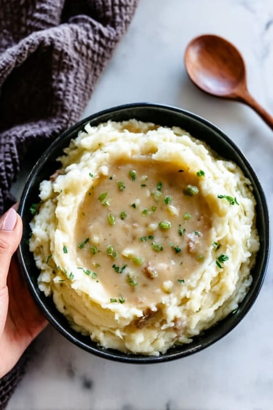 A white bowl filled with creamy mashed potatoes shaped into a ring, leaving a hollow center. Inside the center, there is a thick light brown gravy with visible small chunks. The mashed potatoes are sprinkled with small green chive pieces evenly around the top edge. The bowl sits on a white marbled surface, with a white mixing bowl and a wooden spoon visible in the background. photo taken with an iphone --ar 2:3 --v 7 - Garlic Goat Cheese Mashed Potatoes, roasted garlic mashed potatoes, creamy goat cheese mashed potatoes, easy mashed potato recipes, gourmet mashed potatoes
