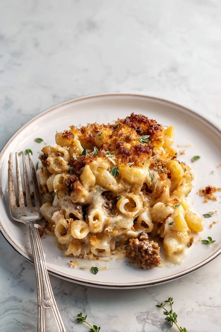 A close-up of a white pan filled with several layers of baked macaroni and cheese, showing creamy, melted cheese mixed with gold-brown toasted breadcrumb pieces on top. The top layer is uneven with crunchy browned bits and fresh green herb sprigs scattered. The cheese layers underneath are smooth and pale yellow, mixed with small, curved pasta. A silver spoon scoops a serving from the right side of the pan, revealing a gooey and rich mixture. The pan handle shows some baked-on melted cheese spots. The background is a white marbled surface. photo taken with an iphone --ar 2:3 --v 7 - French Onion Mac and Cheese, caramelized onion mac and cheese, gourmet mac and cheese, cheesy onion pasta, comfort food with onions