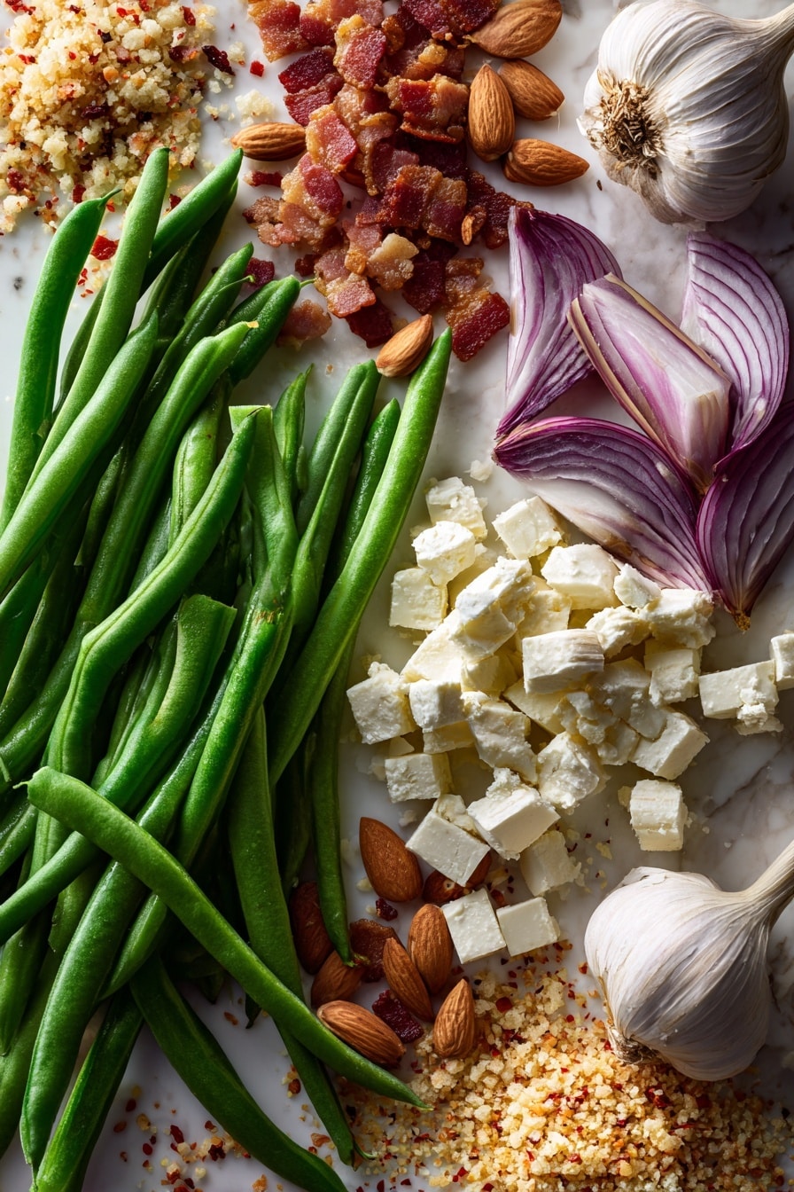 Flat lay of vibrant fresh green beans with their smooth, glossy dark green pods, scattered toasted almonds with a warm golden-brown crunch, thinly sliced pale purple shallots showing delicate rings, small chunks of creamy white feta cheese with crumbly texture, crispy chopped bacon pieces with a rich reddish-brown color and shiny fat, a single unpeeled garlic clove with smooth off-white skin, and a small pile of golden, flaky panko breadcrumbs mixed with tiny red pepper flakes, all beautifully arranged in a natural, slightly overlapping pattern placed on white marbled surface, photo taken with an iphone --ar 2:3 --v 7 - Loaded Skillet Toasted Green Beans with Bacon, Feta, and Garlic Breadcrumbs, green bean side dish, bacon green beans recipe, garlic breadcrumb green beans, feta green beans