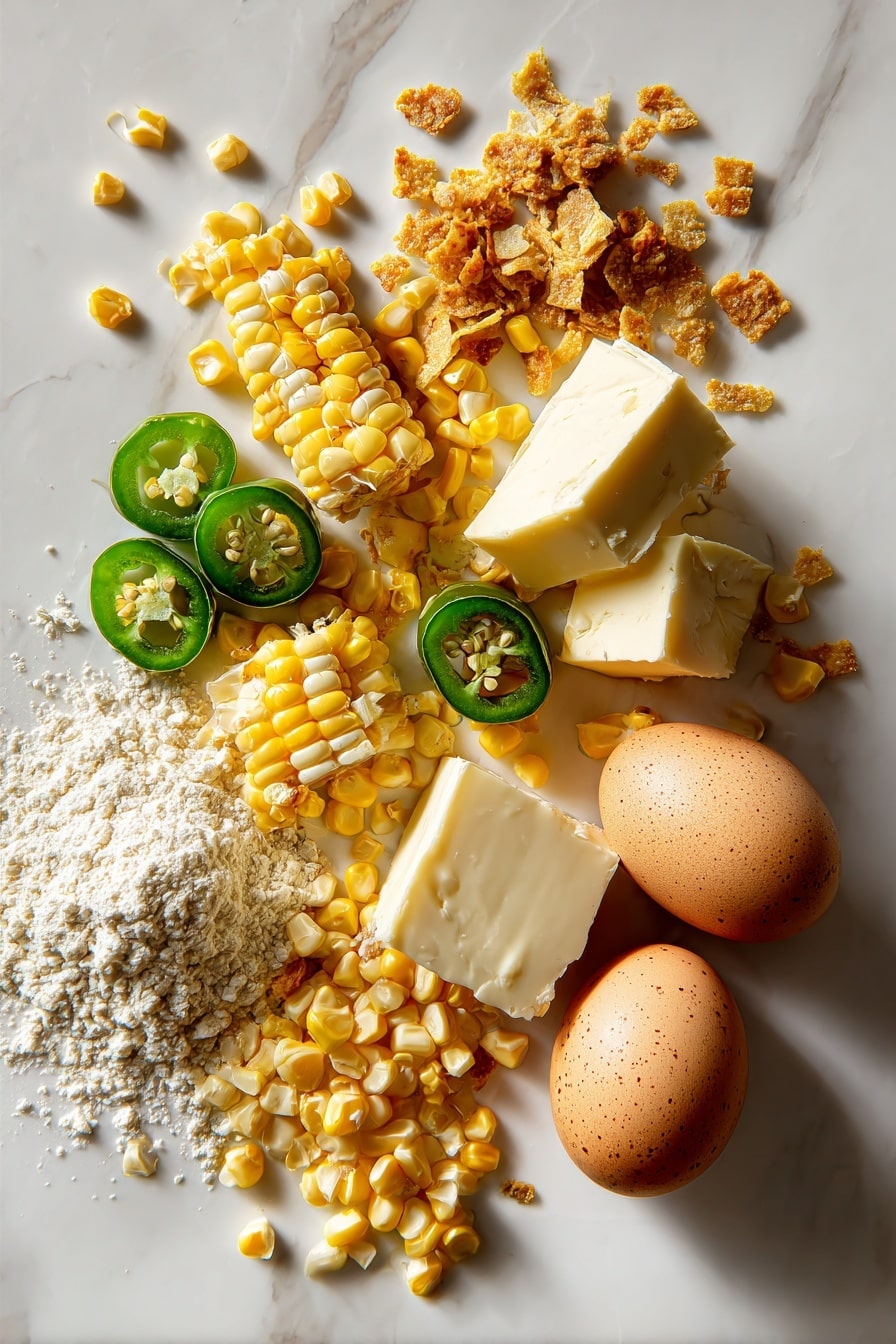 Flat lay of bright yellow fresh corn kernels scattered alongside plump golden roasted corn, vibrant green jalapeño pepper thinly sliced showing its glossy texture, a small pile of crunchy crispy jalapeño pieces with a rich golden-brown color, smooth large brown-speckled eggs arranged naturally, a few chunks of creamy pale-yellow unsalted butter, and a lightly toasted pale tan pile of flour, all beautifully spaced in an organic, casual pattern highlighting their fresh textures and colors, placed on white marbled surface, photo taken with an iphone --ar 2:3 --v 7 - Jalapeño Corn Soufflé, jalapeño corn side dish, cheesy corn soufflé, spicy corn casserole, festive corn recipe