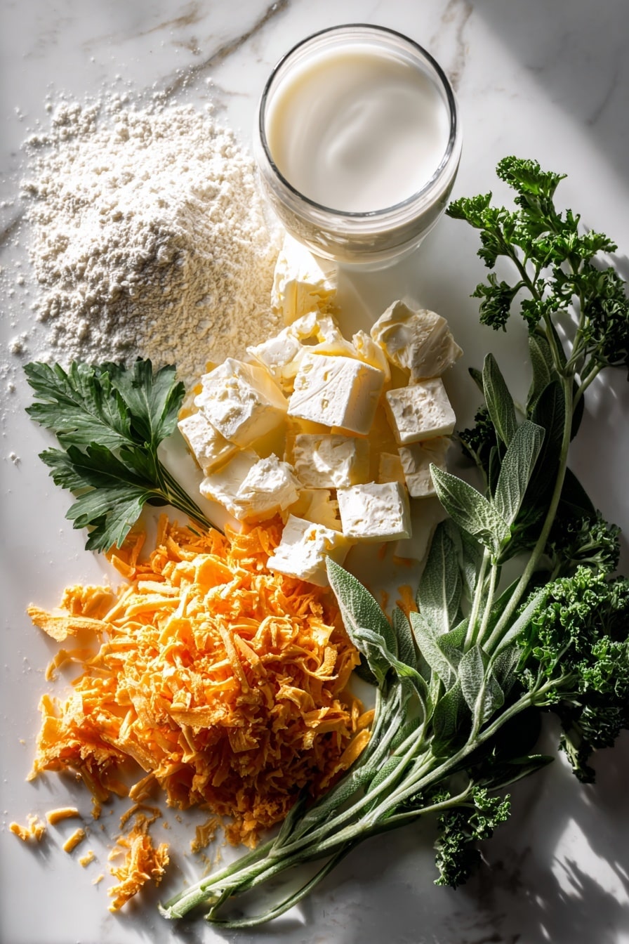 Flat lay of freshly grated sharp apple smoked cheddar with its deep orange color and crumbly texture, cold unsalted butter cut into small pale yellow cubes, a dollop of thick white sour cream with creamy swirls, a small pile of fine off-white all-purpose flour dusted lightly around, bright green fresh curly parsley leaves adding vibrant contrast, sprigs of fresh sage with soft velvety green leaves, and a glass of creamy whole milk with a smooth surface, all beautifully arranged in a natural, slightly scattered pattern with soft shadows, placed on white marbled surface, photo taken with an iphone --ar 2:3 --v 7 - Smoked Cheddar and Sour Cream Biscuits, smoky cheese biscuits, tender cheddar biscuits, homemade savory biscuits, cheesy breakfast biscuits