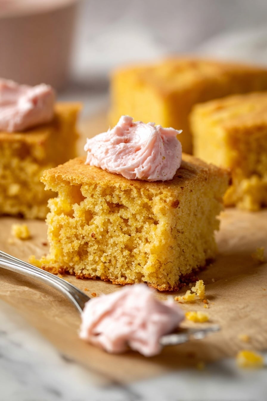 The image shows a close-up of a square piece of golden cornbread with a rough, crumbly texture and visible bits of corn inside. On top of the cornbread is a dollop of light pink, creamy spread. Surrounding the main piece are several more square cornbread pieces of the same texture and color, placed on a light brown surface with some crumbs scattered around them. In the background, there is a white bowl filled with more of the pink spread, slightly blurred. The surface has a white marbled texture and a woman’s hand is gently holding one side of a cornbread piece in the background. photo taken with an iphone --ar 2:3 --v 7 - Brown Butter Cornbread with Cranberry Butter, flavorful cornbread recipes with cranberry butter, nutty browned butter cornbread, festive holiday cornbread, easy cornbread with fruit toppings