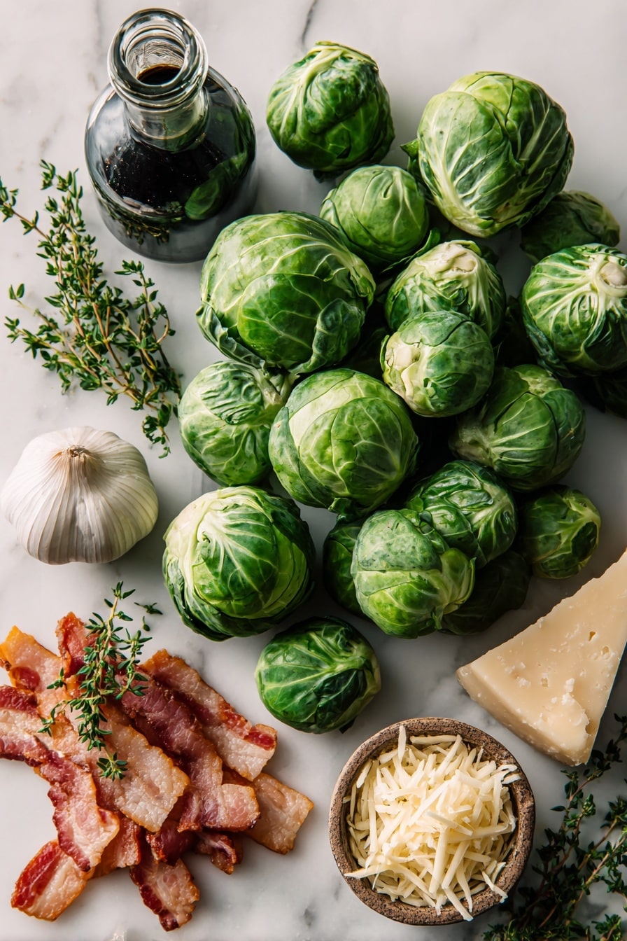 Flat lay of fresh whole bright green Brussels sprouts with tight, leafy textures, a small peeled clove of garlic showing smooth white surface, crispy golden-brown fried bacon pieces with a slightly oily sheen, a small pile of finely grated pale yellow Asiago cheese, and a glossy glass bottle of dark balsamic vinegar, all naturally scattered with a few sprigs of fresh green herbs for color contrast, placed on white marbled surface, photo taken with an iphone --ar 2:3 --v 7 - Shredded Brussels Sprouts Salad with Bacon and Asiago, Brussels Sprouts Salad with Bacon and Asiago, Easy Brussels Sprouts Salad, Bacon and Asiago Brussels Sprouts, Healthy Brussels Sprouts Salad