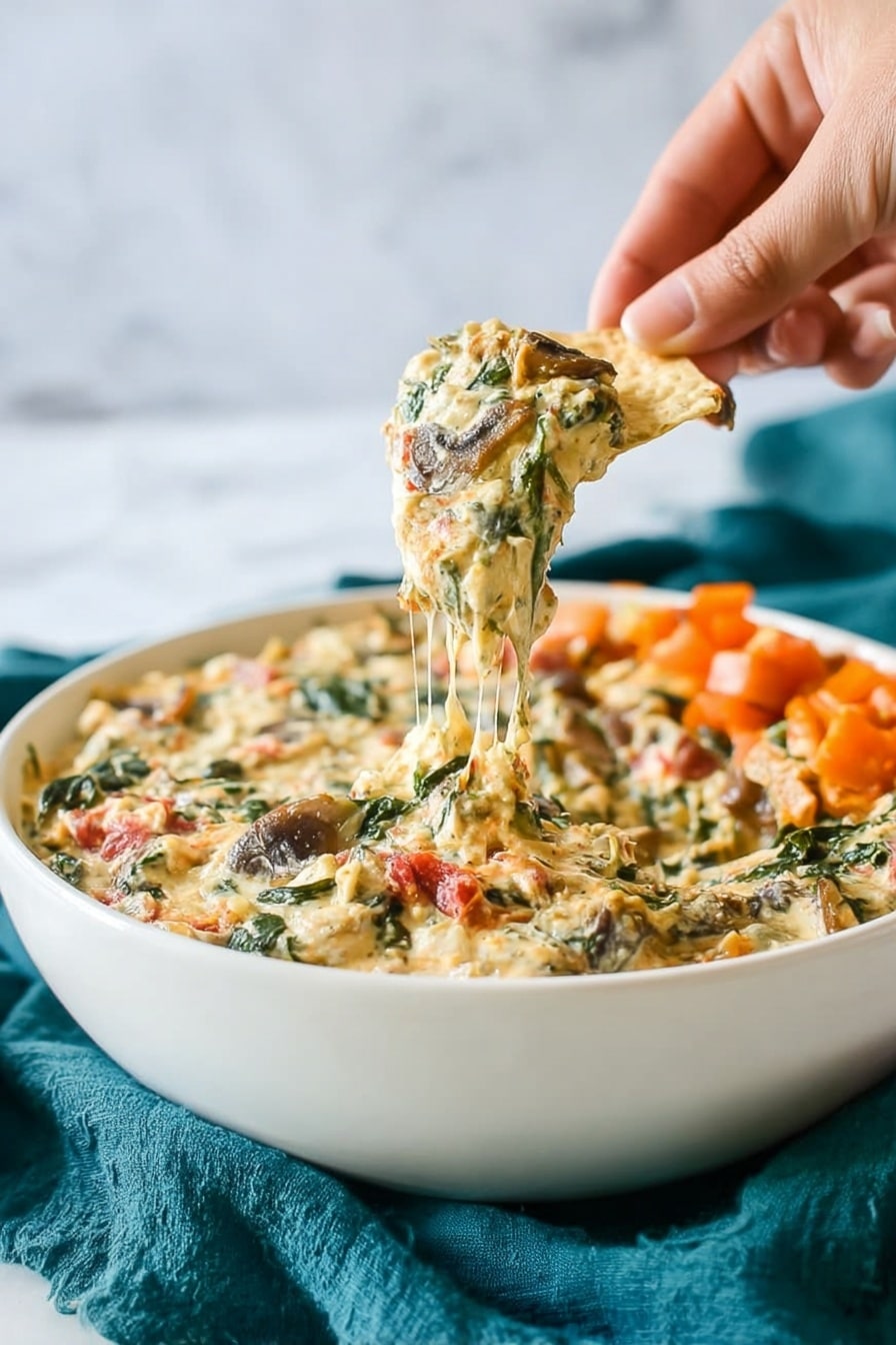 A white bowl filled with a thick, creamy dip that has visible layers of melted cheese stretching as a woman’s hand lifts a chip covered in the dip. The dip contains pieces of green leafy vegetables, small chunks of mushrooms, and bits of red and orange vegetables mixed into a light yellow and slightly browned cheesy base. On the right edge of the bowl, there are some bright orange vegetable pieces. The bowl sits on top of a dark teal cloth, all placed on a white marbled surface. Photo taken with an iphone --ar 2:3 --v 7 - Roasted Butternut Squash Spinach Dip, Butternut Squash Dip, Spinach Dip for Parties, Creamy Veggie Dip, Fall Vegetarian Dip