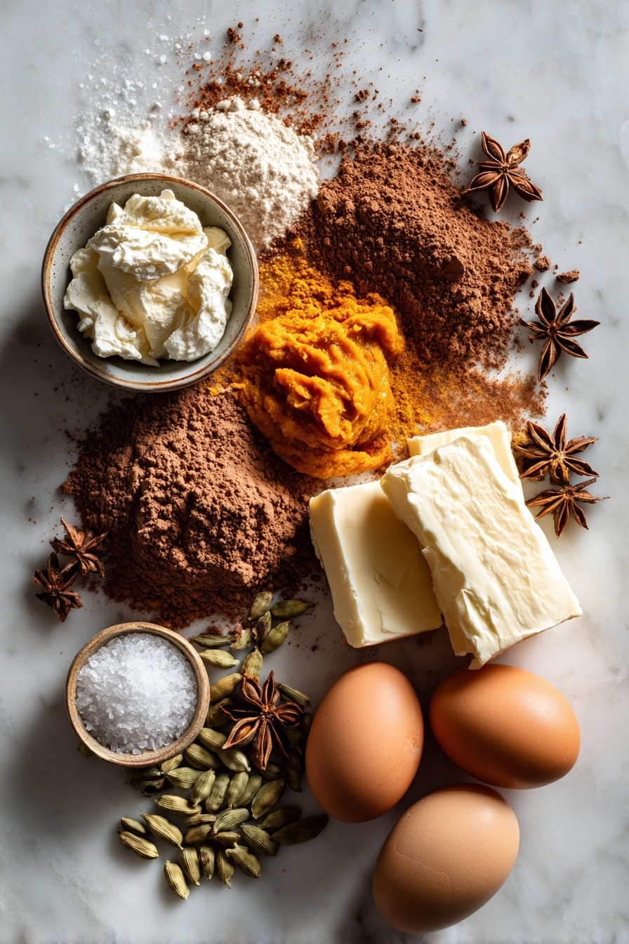Flat lay of rich dark cocoa powder in a small heap, golden unsalted butter blocks with smooth shiny texture, bright orange pumpkin puree in a rustic dollop, creamy white cream cheese block with soft texture, light brown cinnamon and ginger powders sprinkled gently, smooth vanilla bean pods with dark glossy skin, warm beige cardamom seeds scattered naturally, fresh brown eggs with smooth shells, and a cup of granulated white sugar sparkling subtly, all beautifully arranged in a loose, natural pattern with contrasting colors and textures, placed on white marbled surface, photo taken with an iphone --ar 2:3 --v 7 - Pumpkin Fudge Brownies, pumpkin fudge brownies recipe, fall brownies with pumpkin, chocolate pumpkin brownies, easy pumpkin dessert