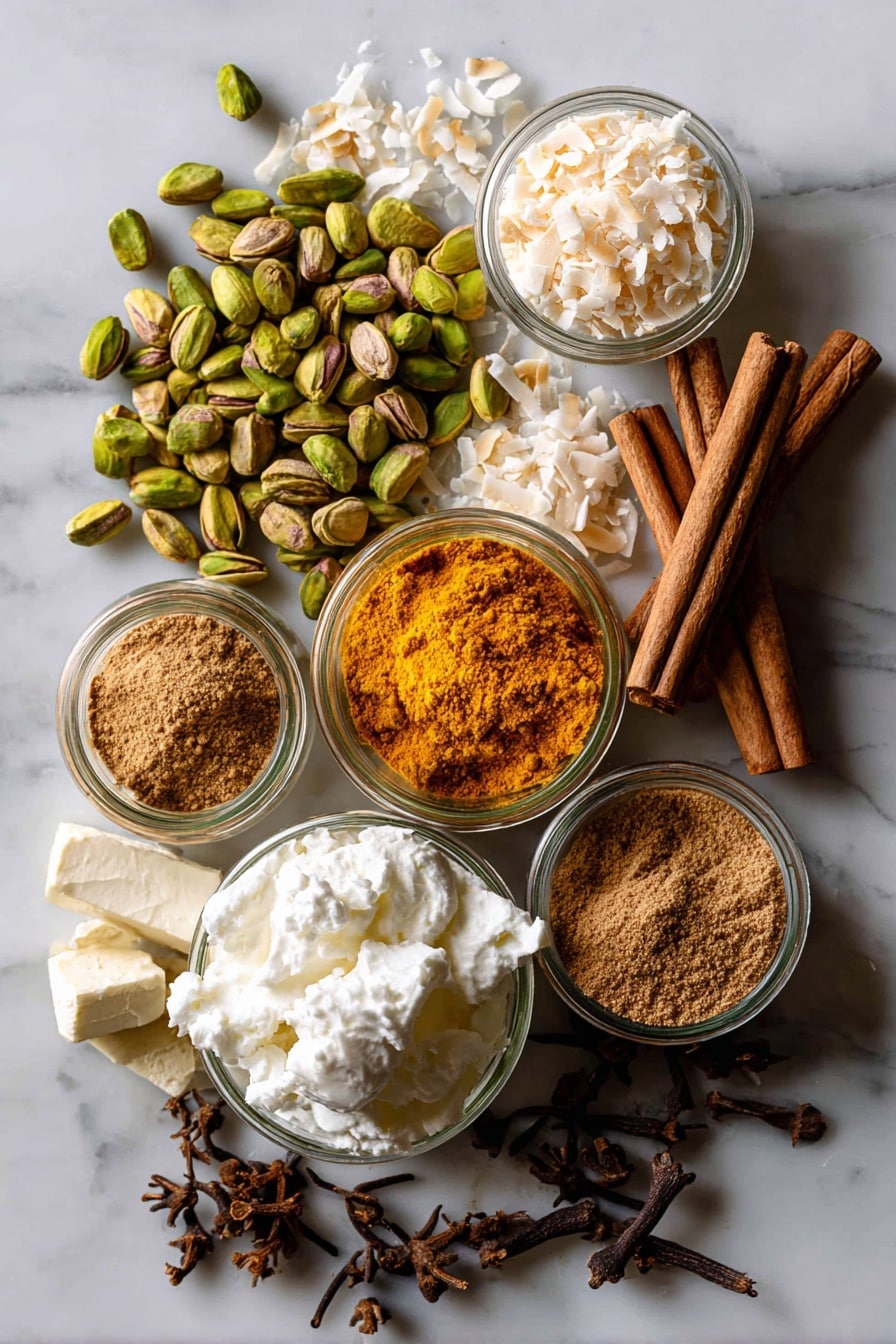 Flat lay of vibrant green shelled pistachios, light beige finely shredded unsweetened coconut flakes, rich golden brown sugar crystals, smooth bright orange pumpkin puree in a small clear jar, soft white cream cheese blocks with creamy texture, warm brown cinnamon sticks and scattered ground spices of ginger and nutmeg in small piles, fresh whole cloves with their dark brown woody texture, and fluffy white whipped cream dollops subtly placed, arranged naturally with some pistachios spilling gently onto the coconut, placed on white marbled surface, photo taken with an iphone --ar 2:3 --v 7 - Brown Sugar Pumpkin Cheesecake, Pumpkin Cheesecake with Pistachio Macaroon Crust, Fall Pumpkin Cheesecake, Pistachio Pumpkin Dessert, No-Bake Pumpkin Cheesecake