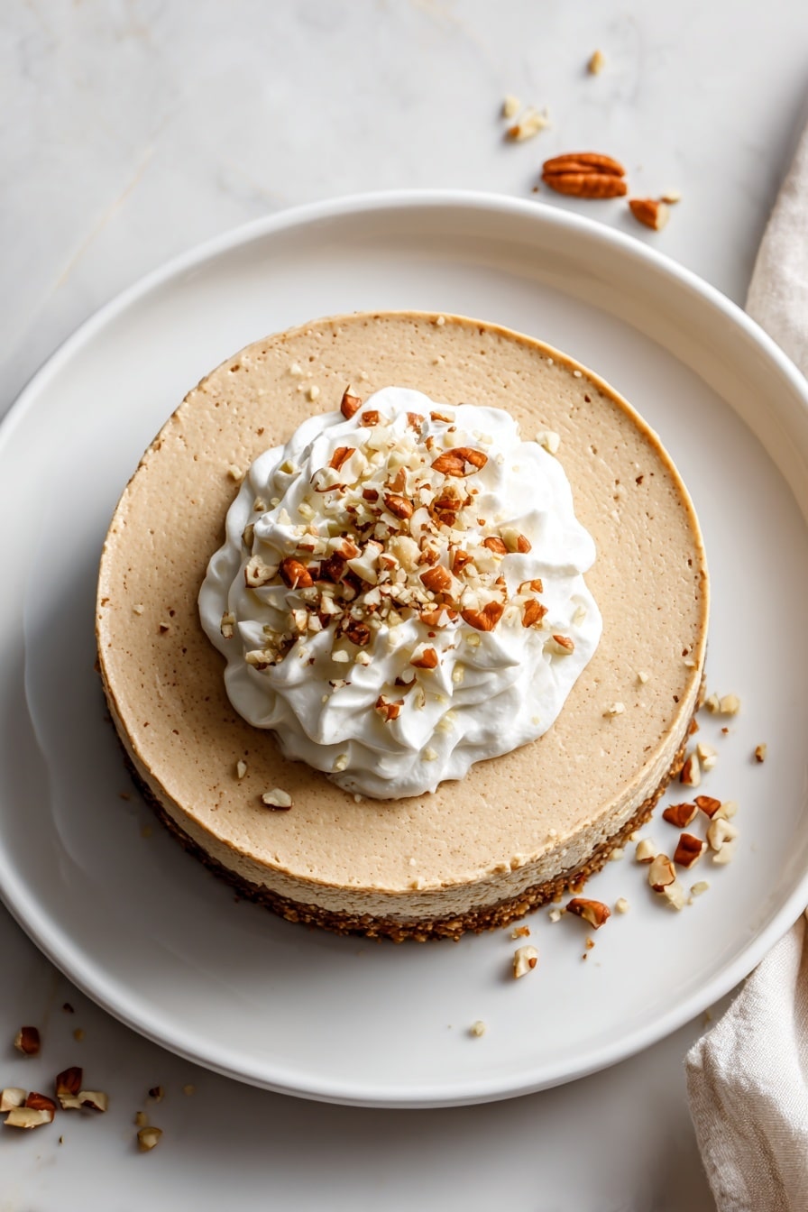 A single slice of light brown cheesecake with a dense, smooth texture rests on a white plate. The cheesecake has two layers: a thick creamy light brown filling on top and a thin darker crust at the bottom that looks crumbly with bits of nuts or seeds. On top of the cheesecake is a fluffy white dollop of whipped cream with small pieces of nuts sprinkled over it. The white plate holds a few crumbs scattered around. The background has more slices of the same cheesecake placed on a white marbled surface, softly blurred. Photo taken with an iphone --ar 2:3 --v 7 - Brown Sugar Pumpkin Cheesecake, Pumpkin Cheesecake with Pistachio Macaroon Crust, Fall Pumpkin Cheesecake, Pistachio Pumpkin Dessert, No-Bake Pumpkin Cheesecake