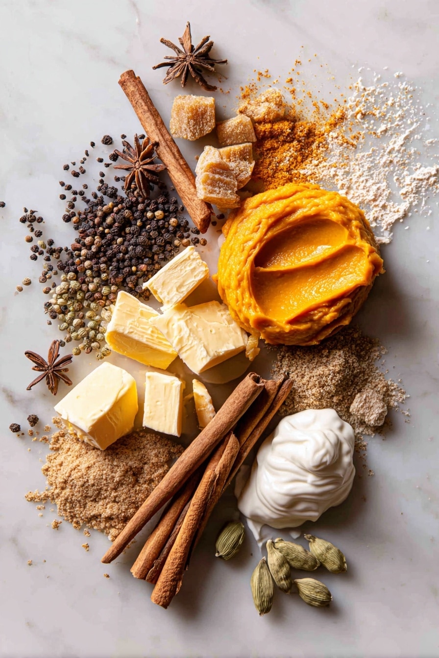 Flat lay of a smooth bright orange pumpkin puree dollop next to a small pile of golden brown dark and light brown sugar crystals, chunks of creamy pale yellow unsalted butter, a scattering of warm brown cinnamon sticks and a small heap of mixed chai spices including reddish-brown cardamom pods, dark cloves, and pale beige allspice berries, a few whole bright orange egg yolks glowing softly, and a small splash of rich creamy white Greek yogurt, all beautifully arranged with natural shadows emphasizing their textures and colors, placed on white marbled surface, photo taken with an iphone --ar 2:3 --v 7 - Pumpkin Coffee Cake with Chai Ice Cream,Summer Fall dessert recipes, cozy fall desserts, pumpkin spice desserts, chai flavored ice cream