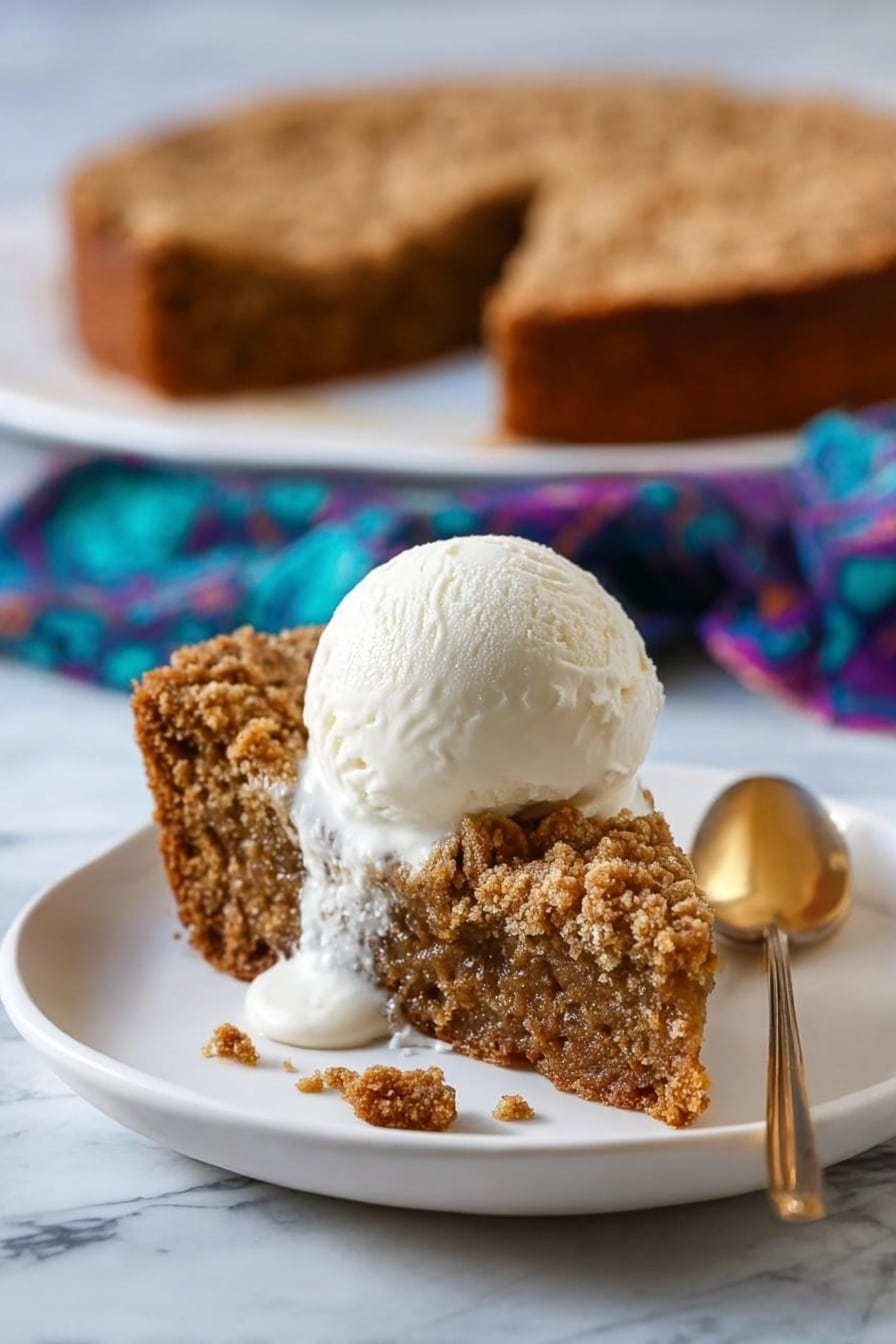 A round crumb cake with a golden-brown crumb topping that looks slightly crunchy and textured sits on a white cloth with black stripes and a blue patterned cloth below it. One triangular slice has been lifted out with a gold spatula, showing the inside layer of moist cake with a light brown color matching the crumb top. The cake is on a white marbled surface. photo taken with an iphone --ar 2:3 --v 7 - Pumpkin Coffee Cake with Chai Ice Cream,Summer Fall dessert recipes, cozy fall desserts, pumpkin spice desserts, chai flavored ice cream